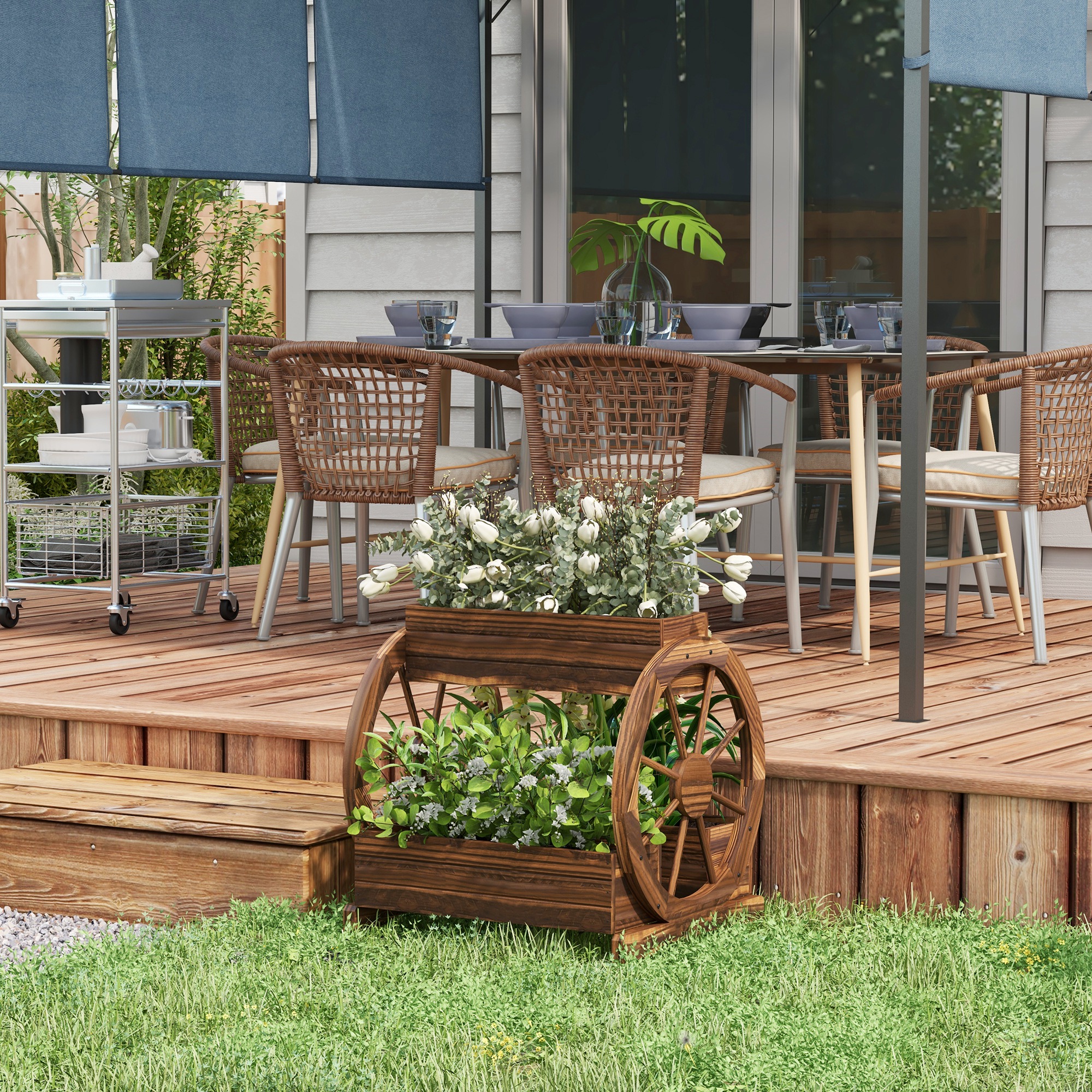 Wooden Wagon Planter Box, 3-Tier Raised Garden Bed, for Vegetables Flowers Herbs, 25" x 21" x 24"