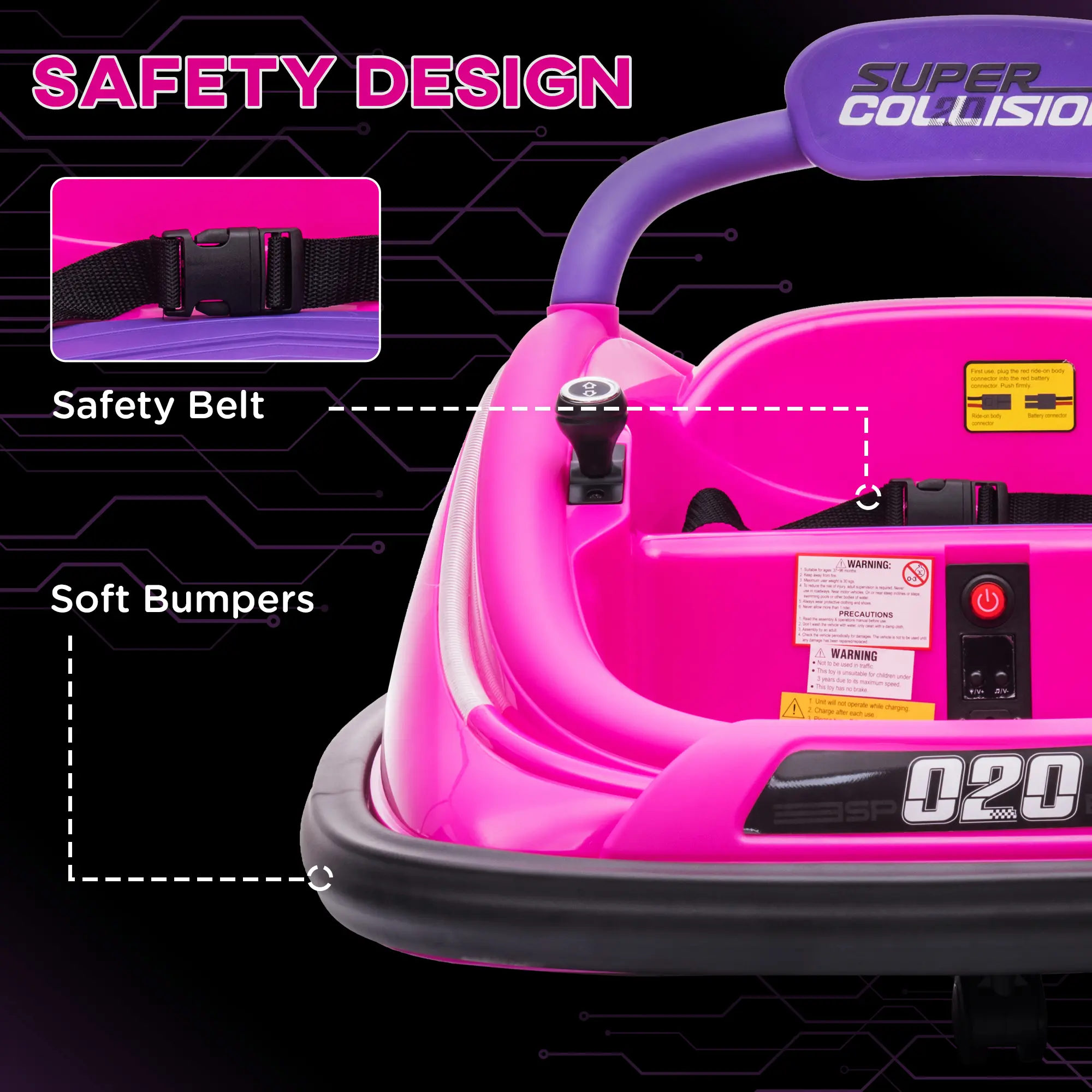 12V Kids Bumper Car Twins Motor with Parent Remote Control, Safety Belt, Lights, 360° Rotation, Pink