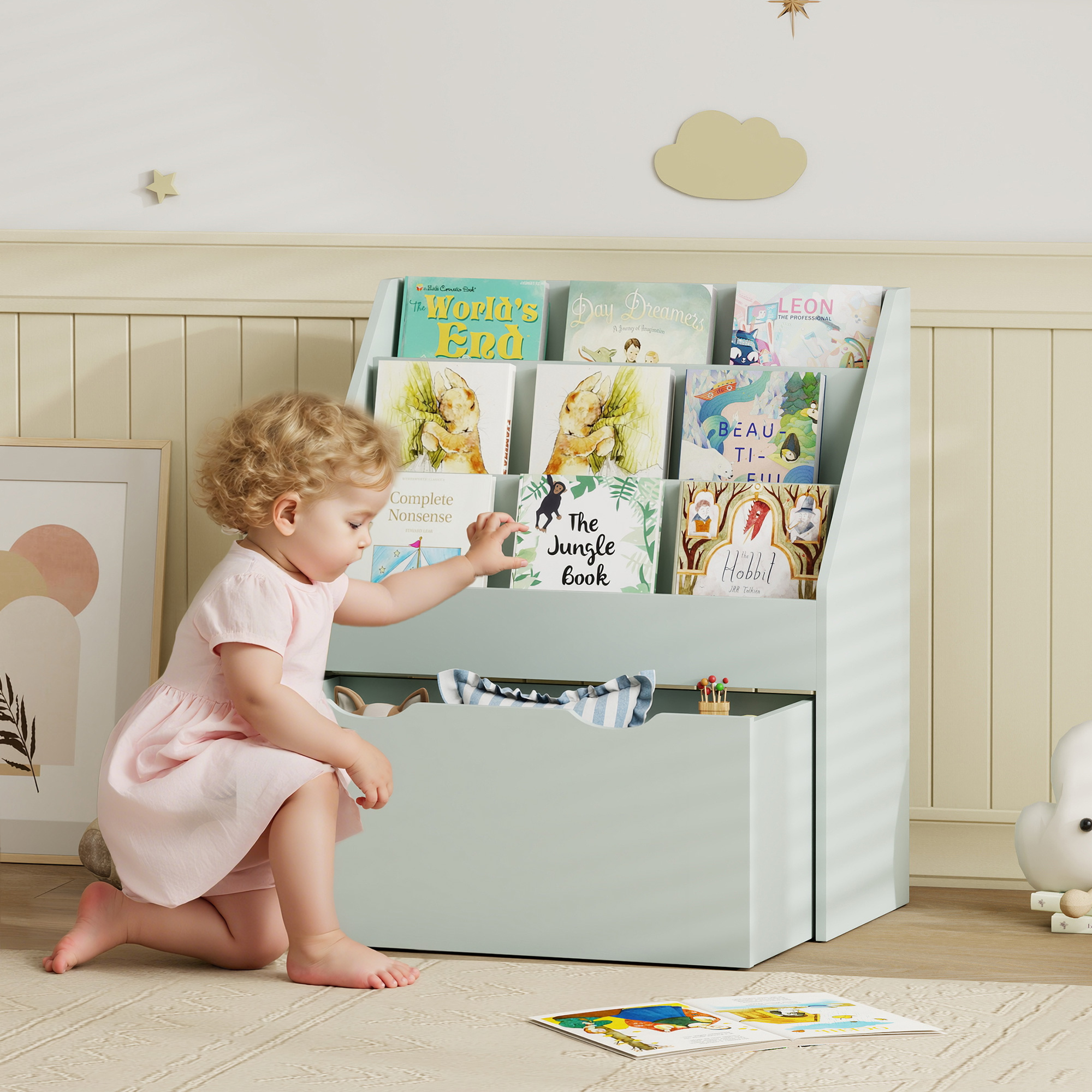 Bookcase For Kids With Shelves, Drawer, Bedroom, Playroom, Green