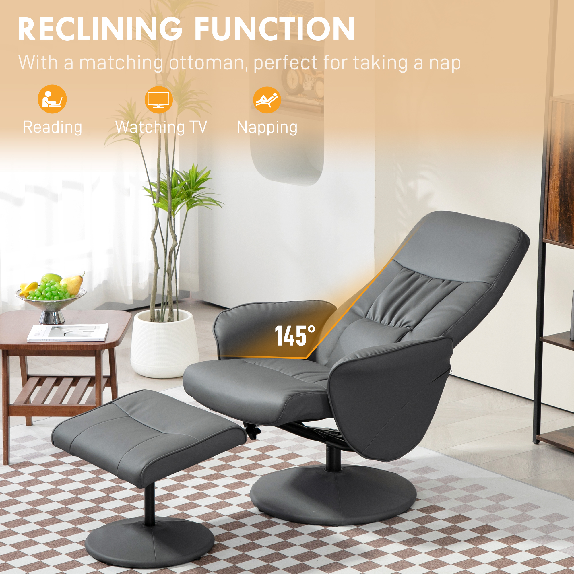 Swivel Recliner Chair With Footstool, PU Leather Armchair And Ottoman With High Back And Round Base For Living Room, Grey