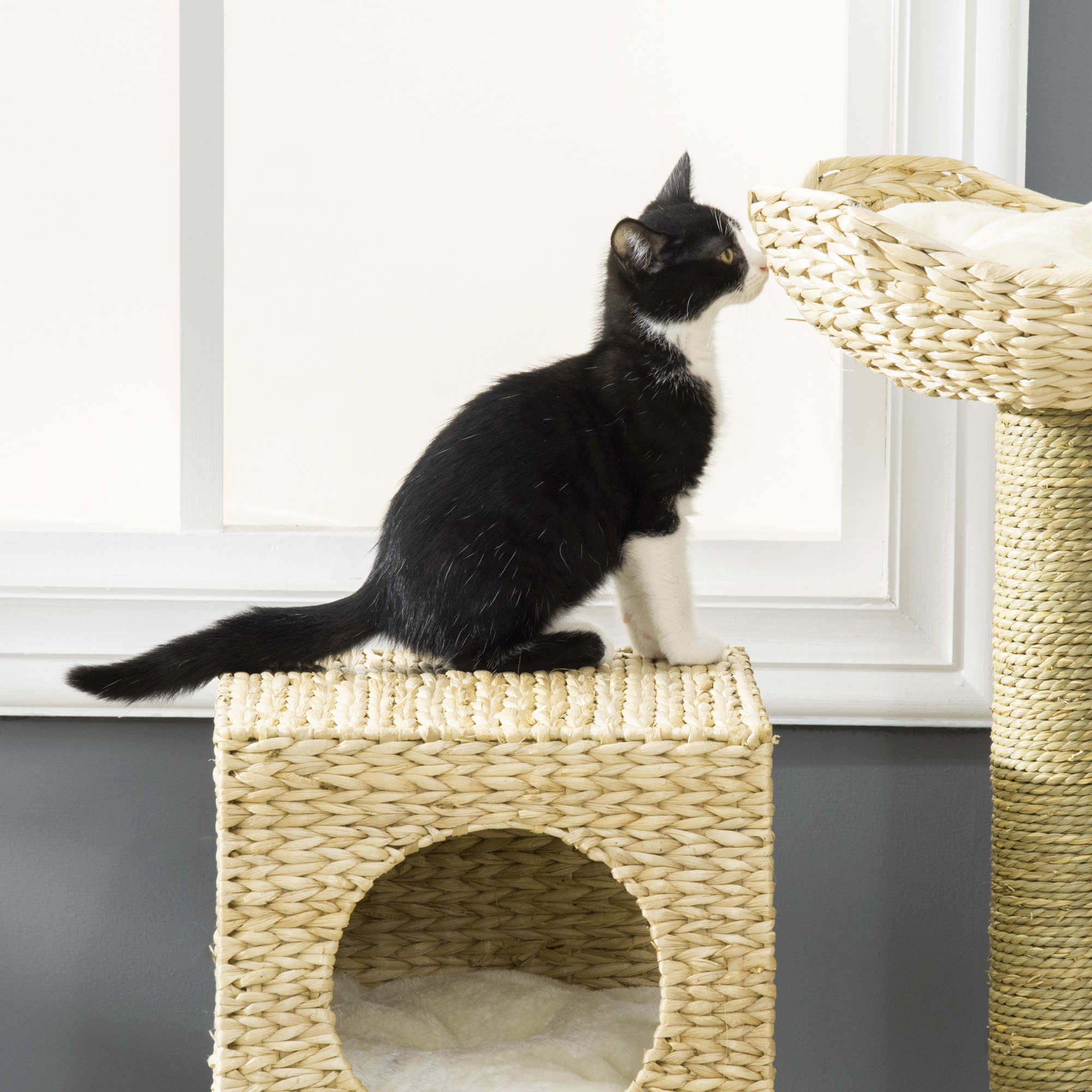  Cattail Weave Cat Tree for Indoor Cats Kitty Tower with Rattan Cat Condo, Wicker Bed, Ladder, Washable Cushions, 22.5" x 14.5" x 39.5", Natural
