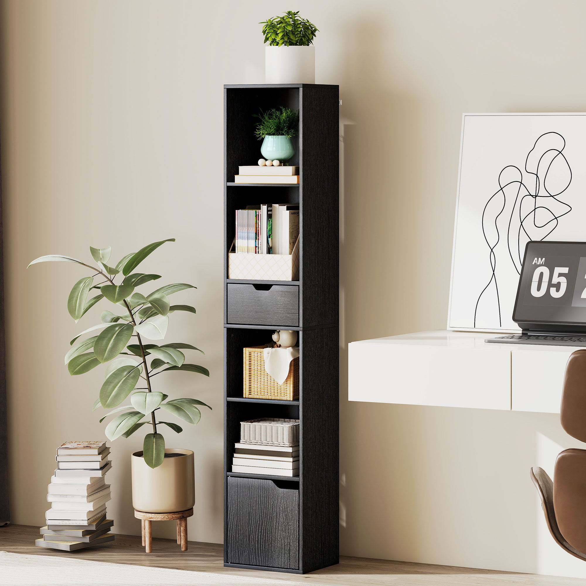 6-Tier Bookcase, Tall Narrow Bookshelf With Drawer And Door - Black — image 5