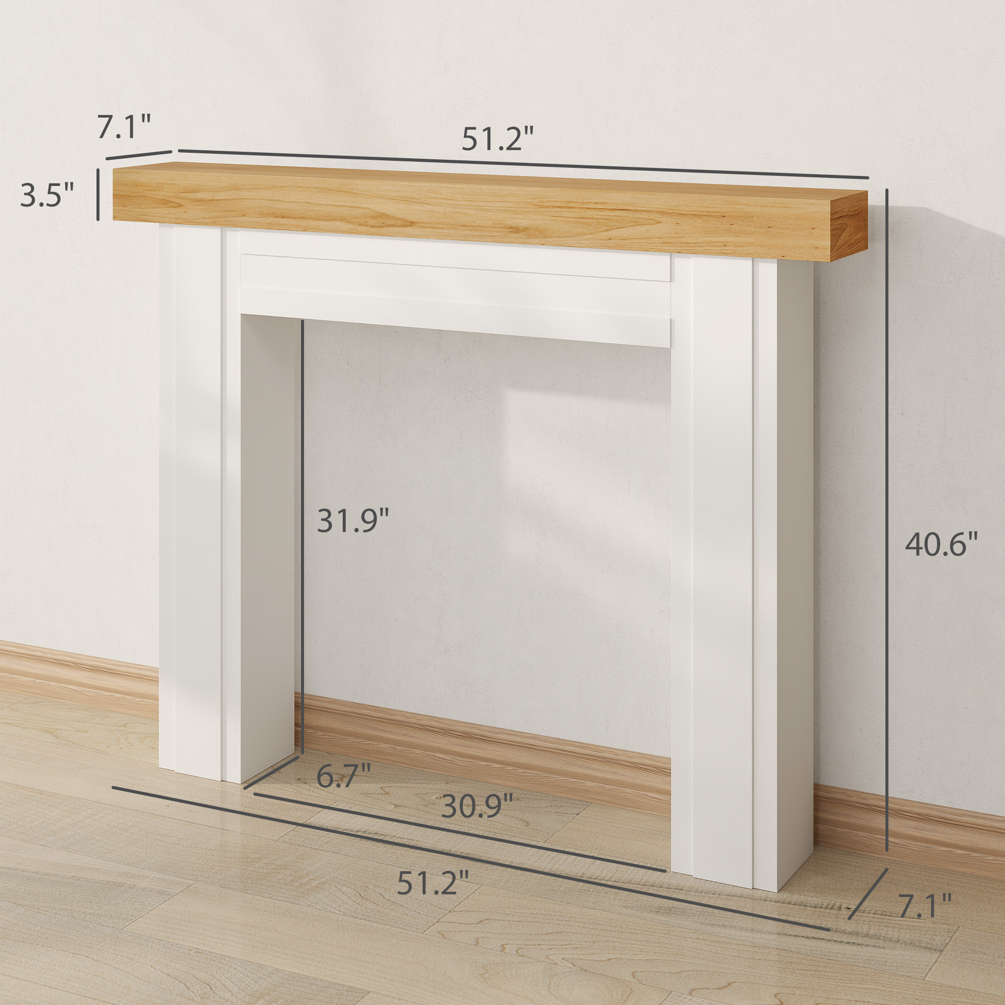  Modern Fireplace Mantel, Freestanding Fireplace Surround with Leg for Electric Fireplaces, 51.2" W x 40.6" H, Natural Wood