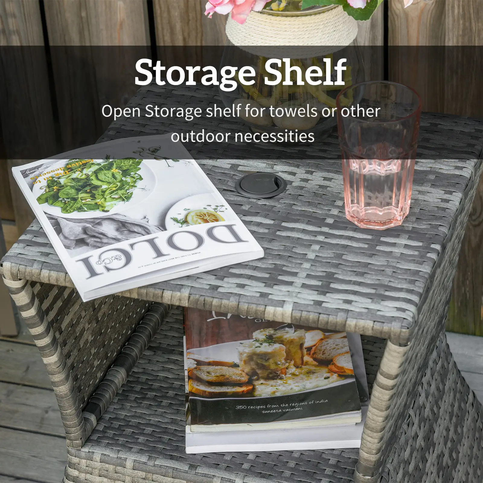Outdoor Side Table with Umbrella Hole, 2 Tier Rattan Wicker End Table with Storage Shelf, All Weather for Patio, Garden, Backyard, Mixed Gray