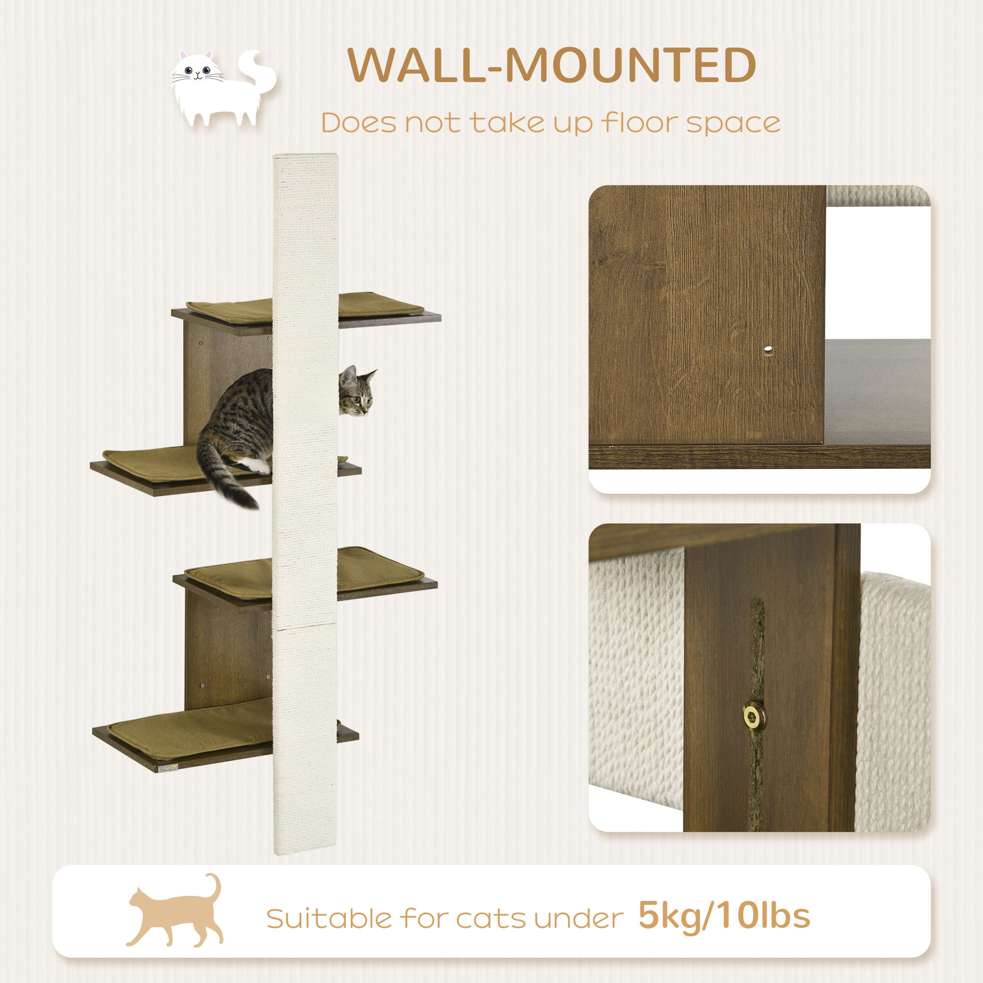  Wall-Mounted Cat Tree, 4-Layer Cat Wall Shelves Furniture with Scratching Board, Kitten Activity Center with Cushions, Natural