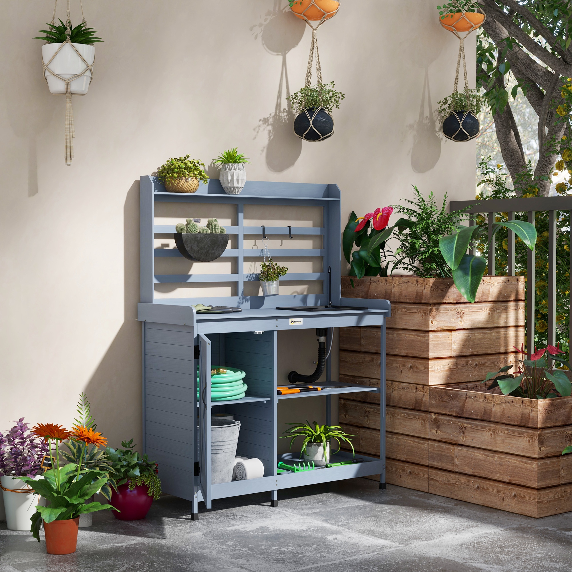 Wooden Potting Bench with Storage, Sink, Water Tap for Backyard, Patio, Balcony, Gray