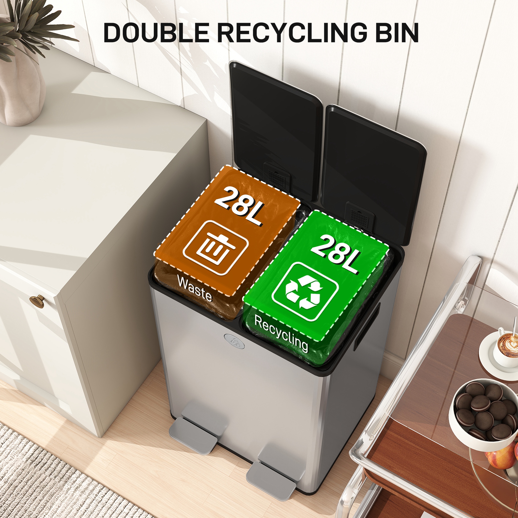56L Dual Compartment Stainless Steel Bin, With Deodoriser Holders - Silver Tone — image 4
