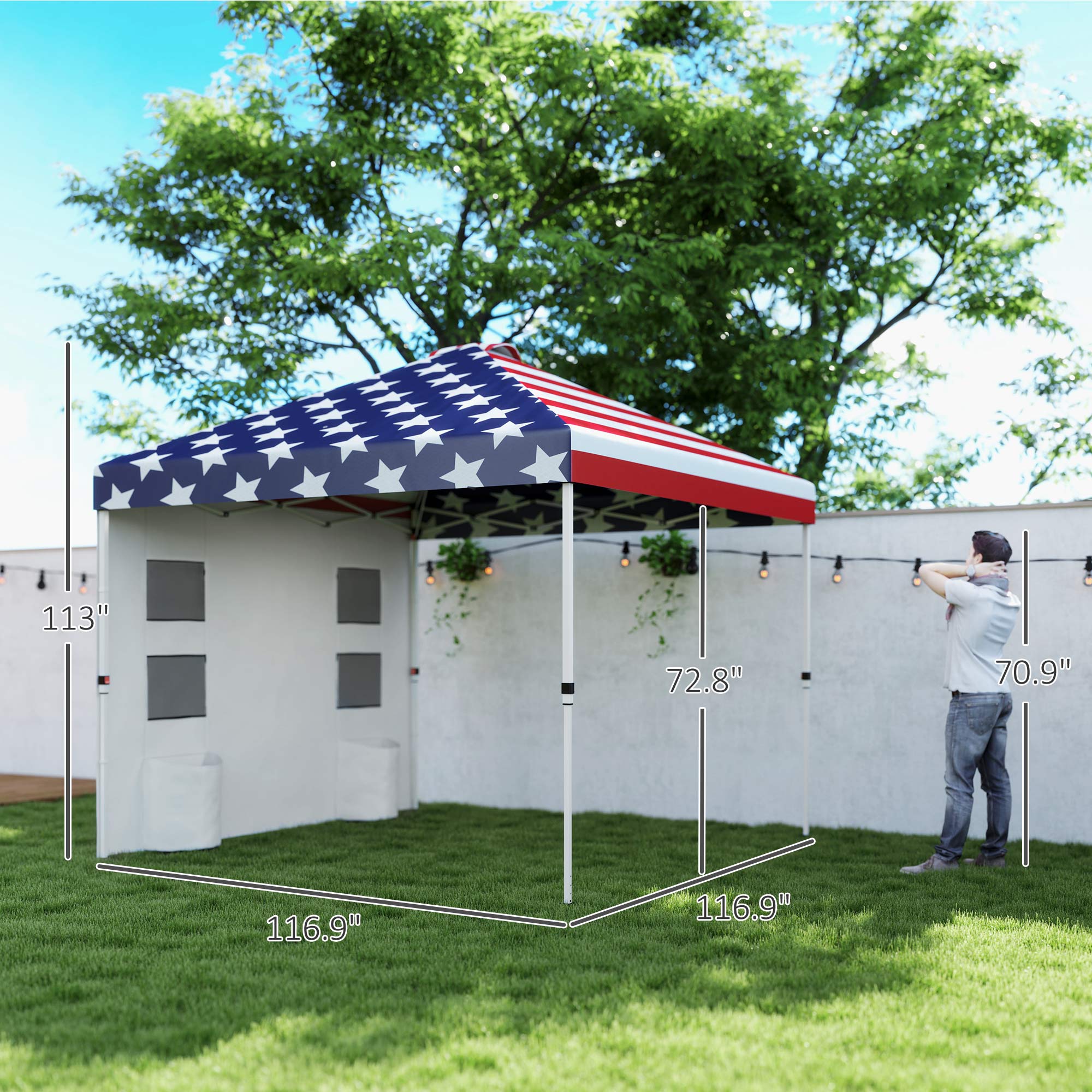 10' x 10' Pop Up Canopy Tent w/ Sidewall, Height Adjustable Instant Sun Shelter w/ Storage Pockets, American Flag Print - Image 5