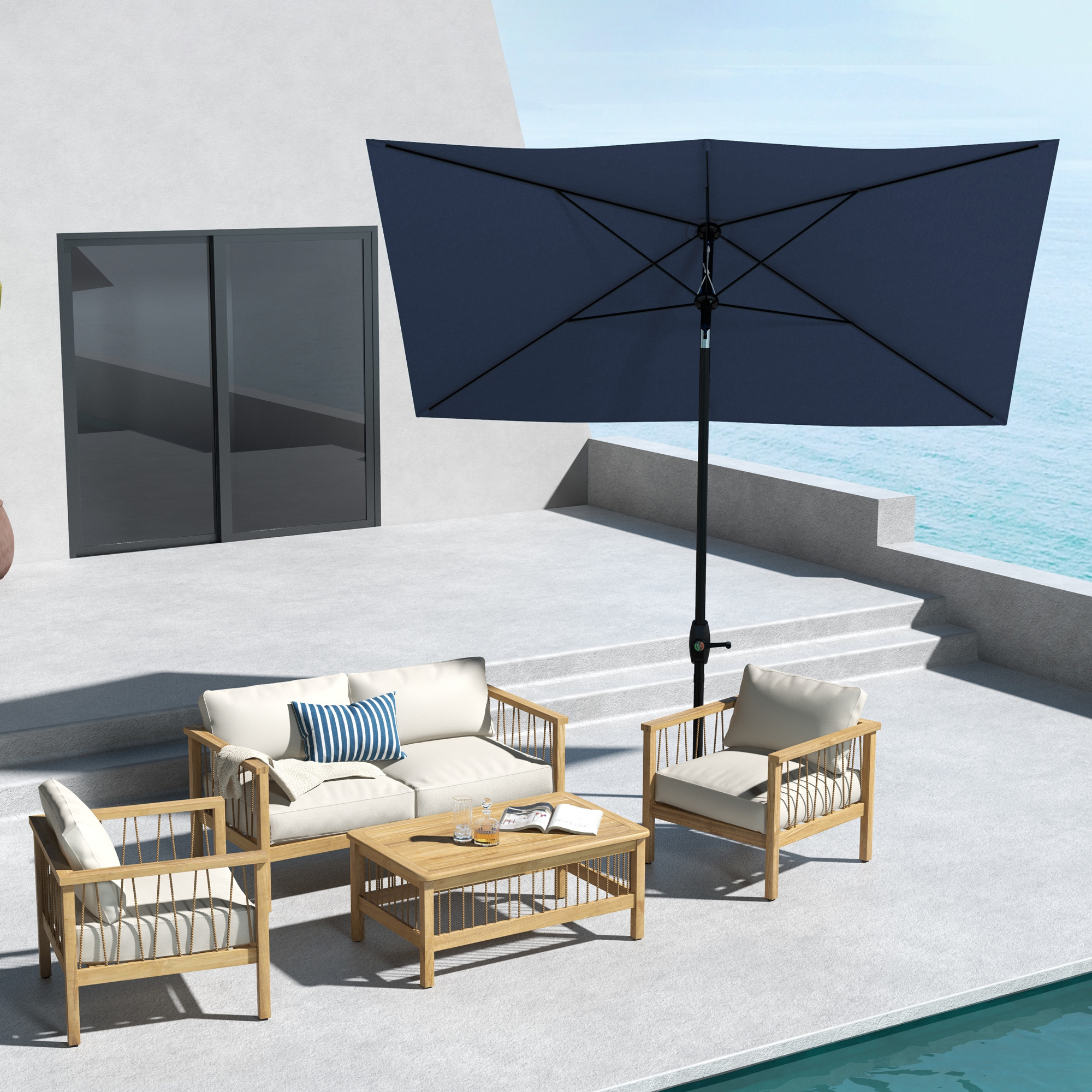 6.5 x 10 Rectangular Market Umbrella, Patio Outdoor Table Umbrella with Crank and Push Button Tilt, Blue