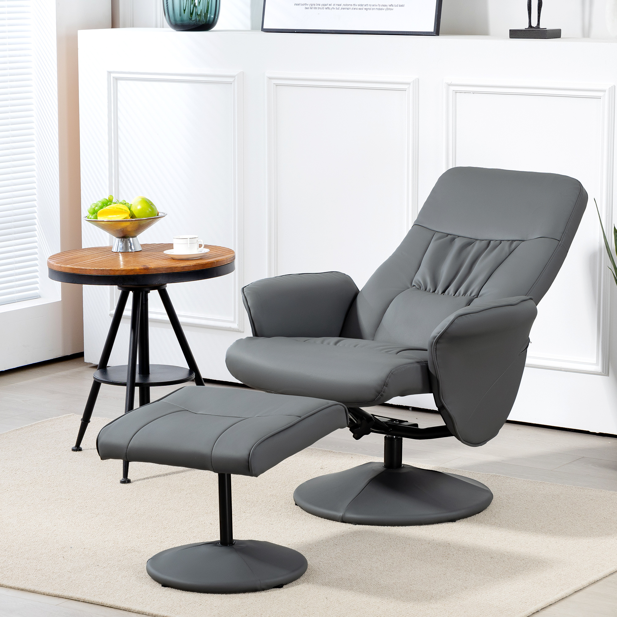 Swivel Recliner Chair With Footstool, PU Leather Armchair And Ottoman With High Back And Round Base For Living Room, Grey