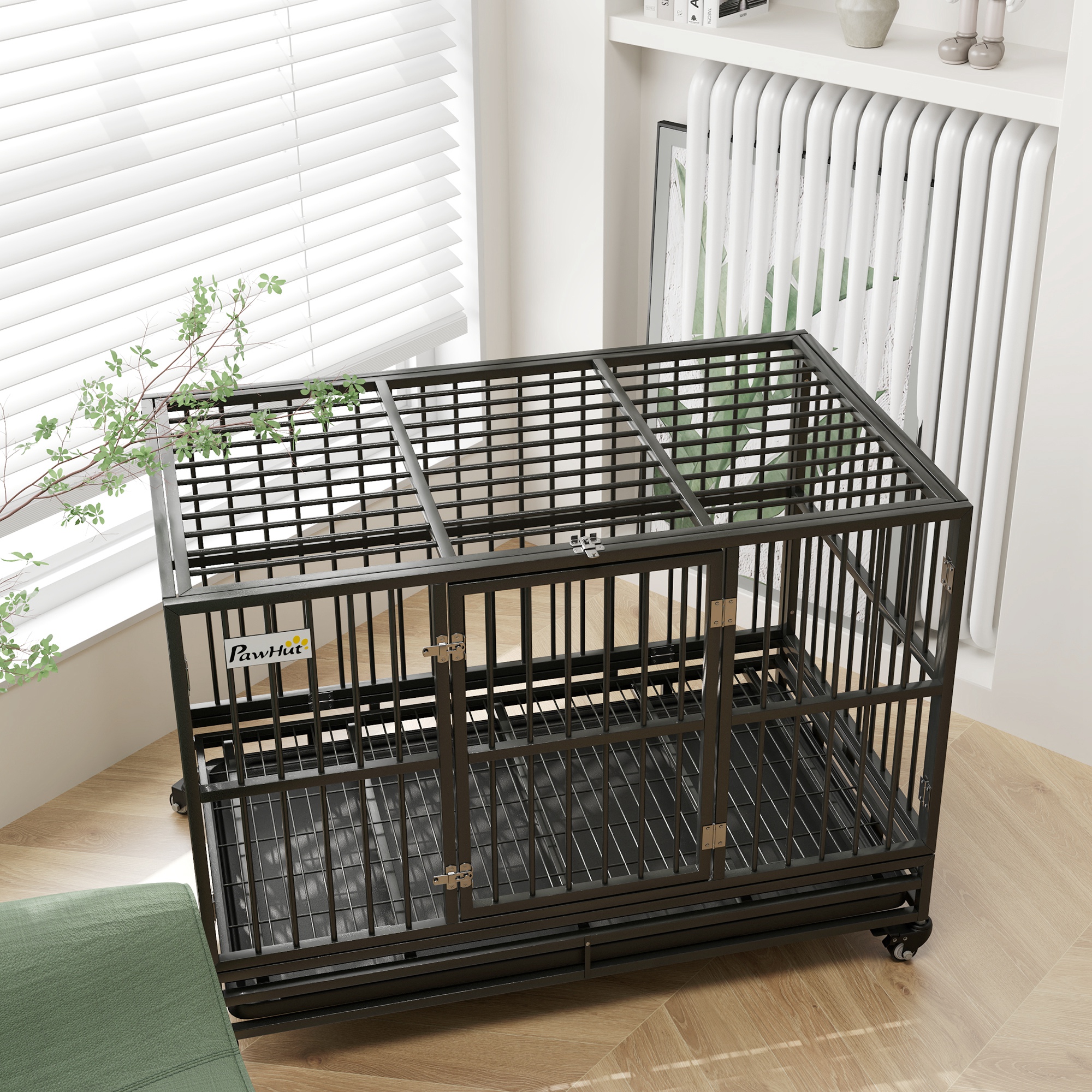 48" Heavy Duty Dog Crate Metal Cage Kennel with Lockable Wheels, Double Door and Removable Tray, gray