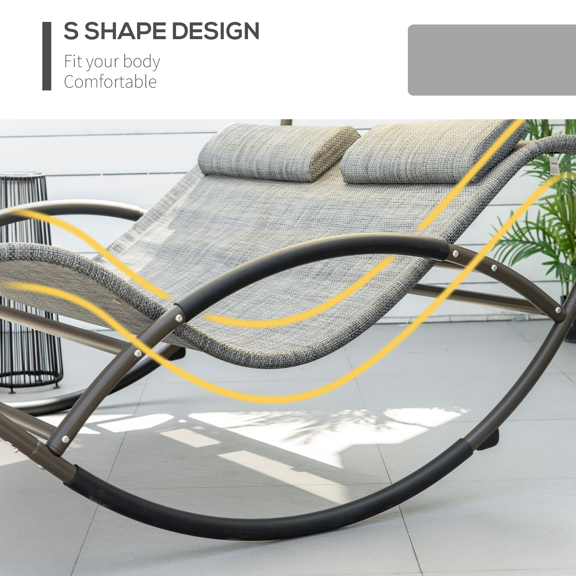  Outdoor Double Chaise Rocking Chair, Day Bed Sun Lounger with Canopy Shade, Headrest Pillow, Armrests for Garden, Poolside, Light Gray