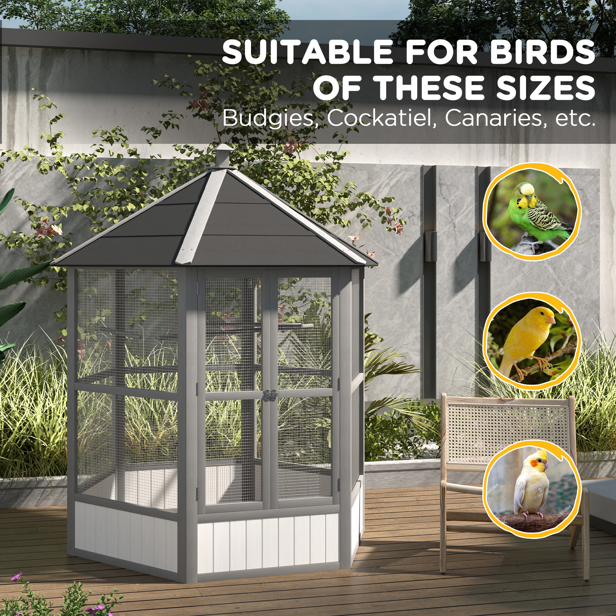  69" Wooden Hexagonal Outdoor Aviary Flight Bird Cage With Covered Roof, Light Gray