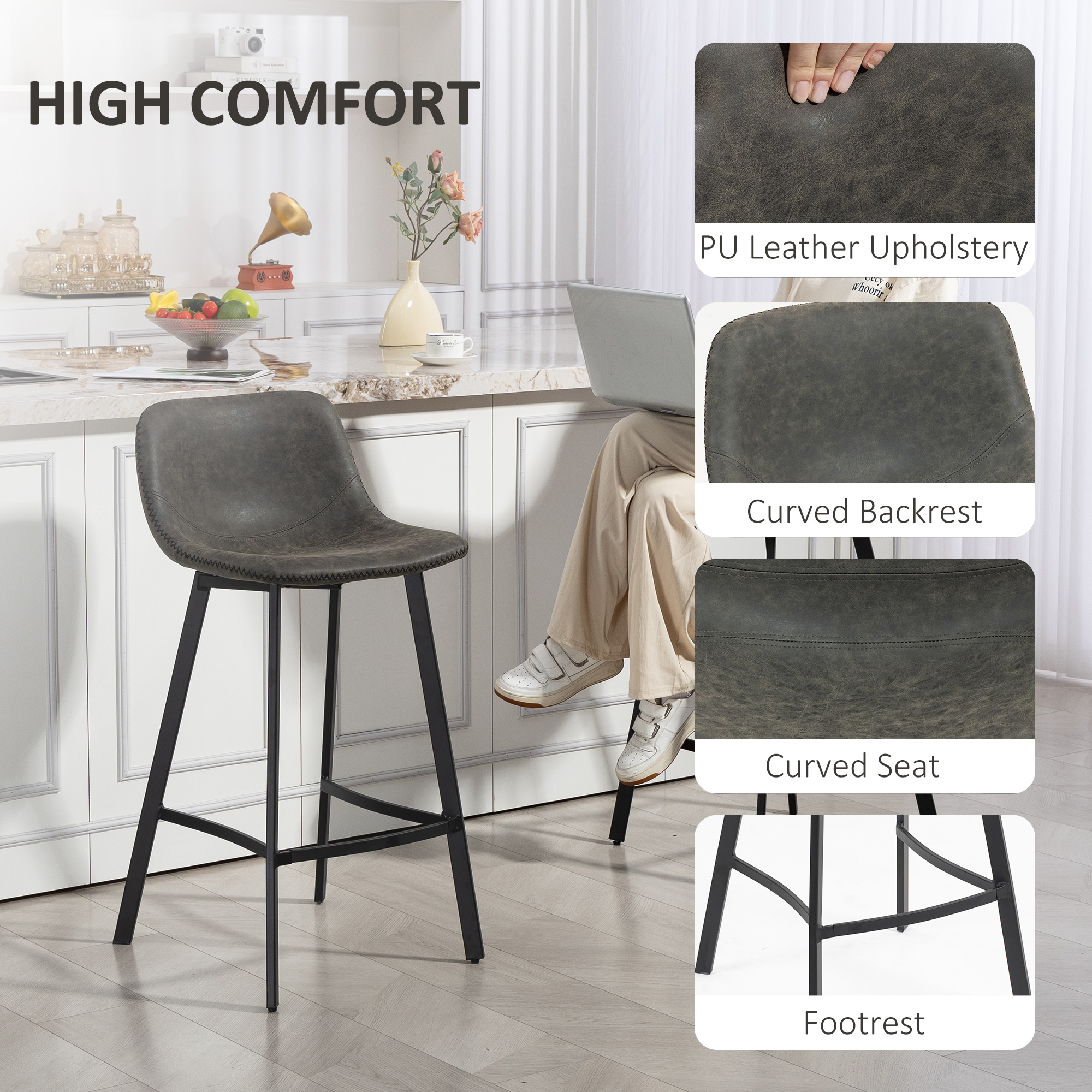 Bar Stools Set Of 2, PU Leather Dining With Backrest, Footrest, For Kitchen — image 5
