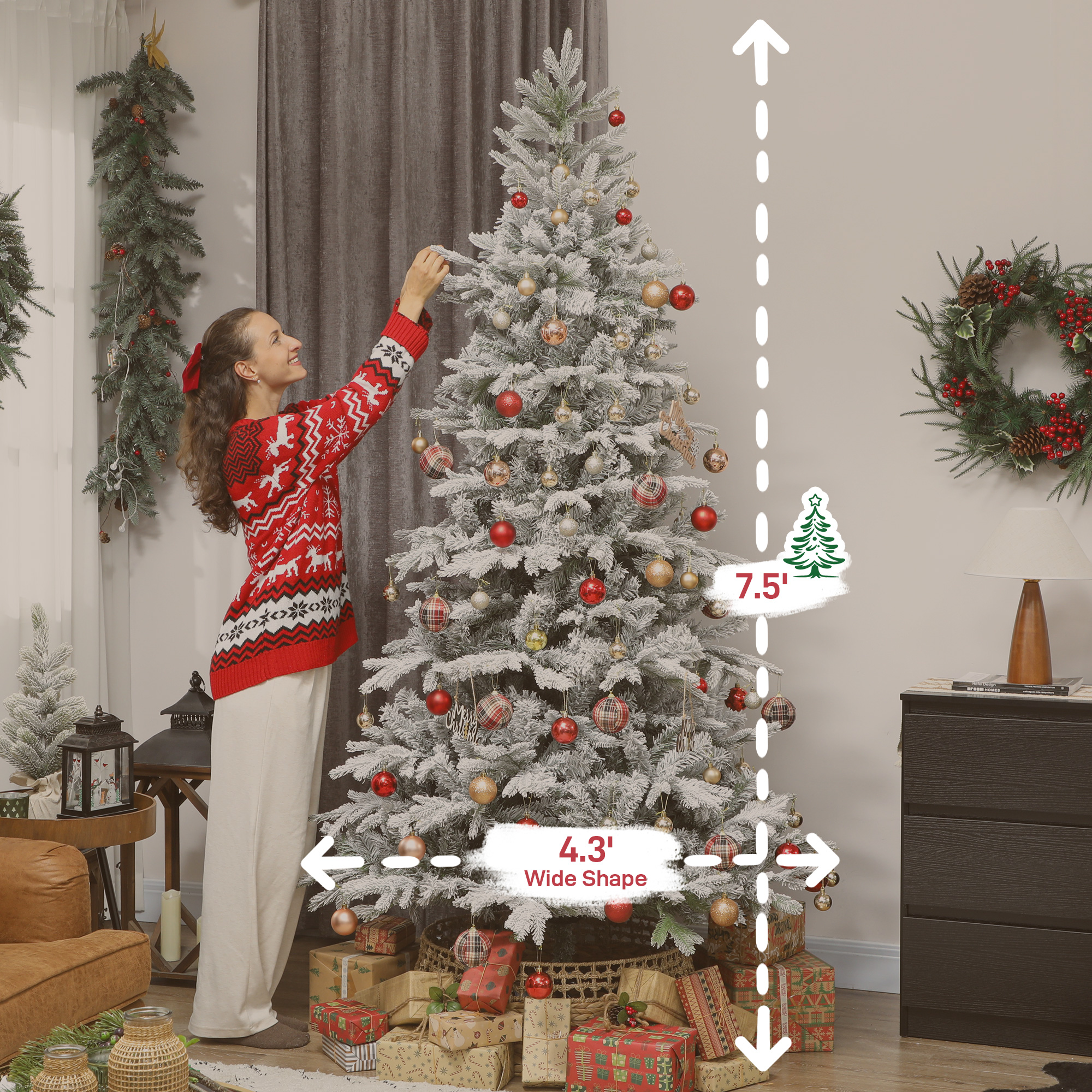  7.5 ft Artificial Frosted Christmas Tree with Realistic Branches, Wide Full Spruce, Hinged Xmas Tree, Easy Assembly