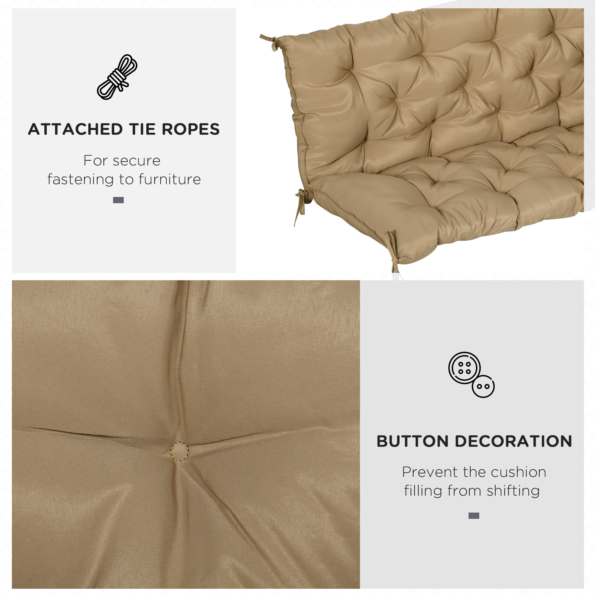 59" x 38" Tufted Bench Cushion for Outdoor Furniture, 3-Seater Replacement for Swing Chair, Patio Sofa/Couch, Khaki - Image 2