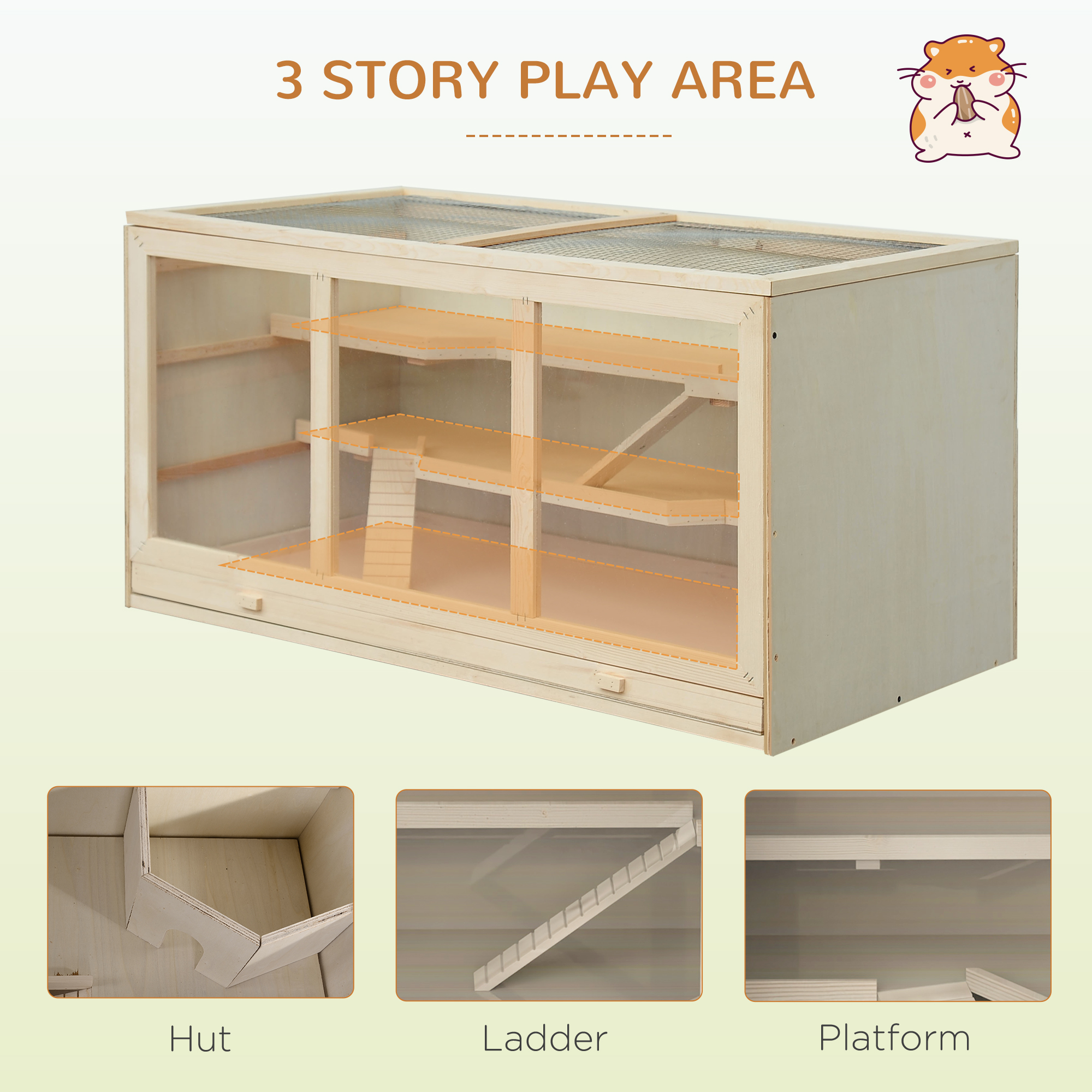  45" Extra Large Wooden Hamster Cage, 3-Layer Rat Cage with Opening Roof, PVC Window, Small Animal Habitat for Gerbil, Dwarf & Syrian Hamsters, Natural
