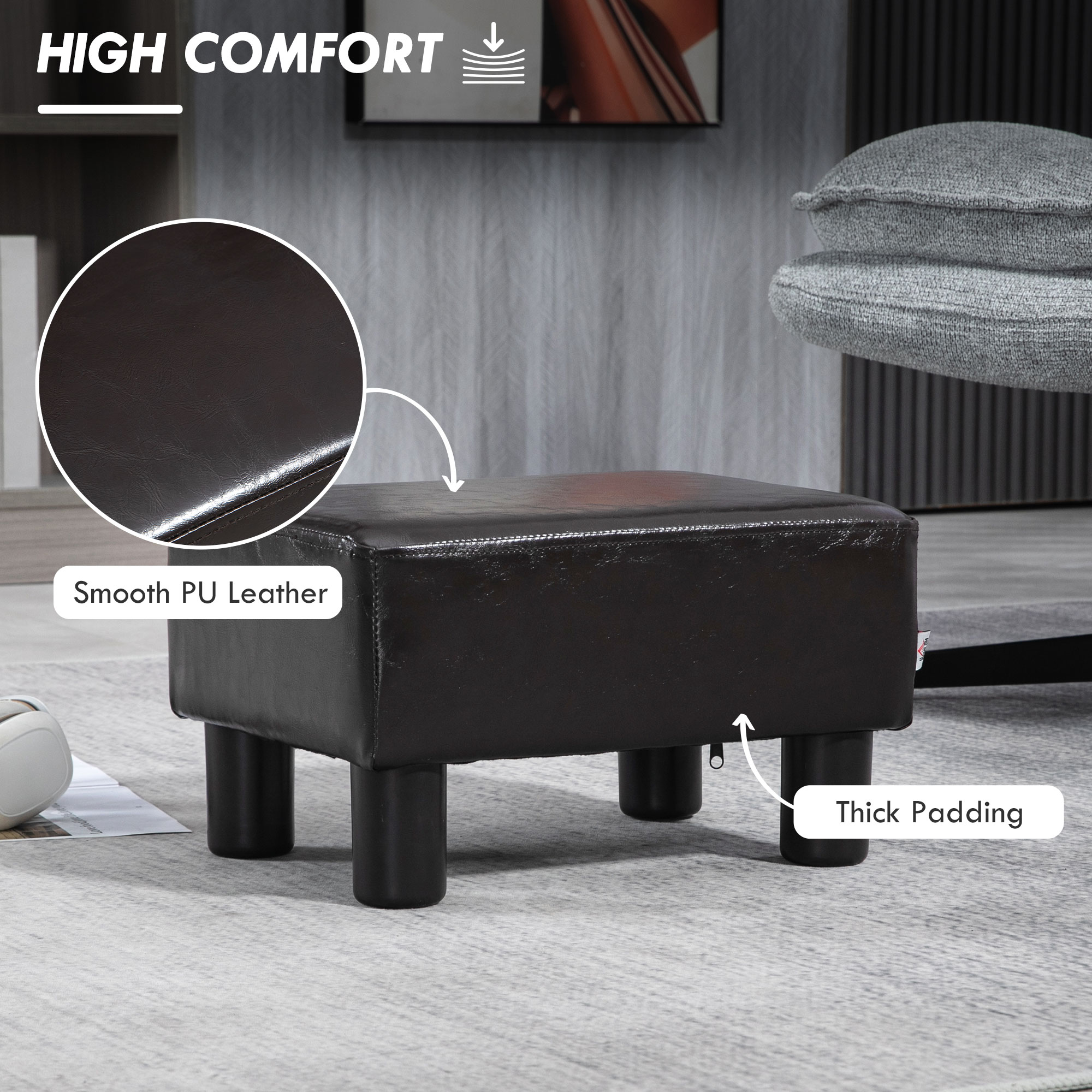 PU Leather Footstool Ottoman Cube With 4 Plastic Legs, Brown — image 5