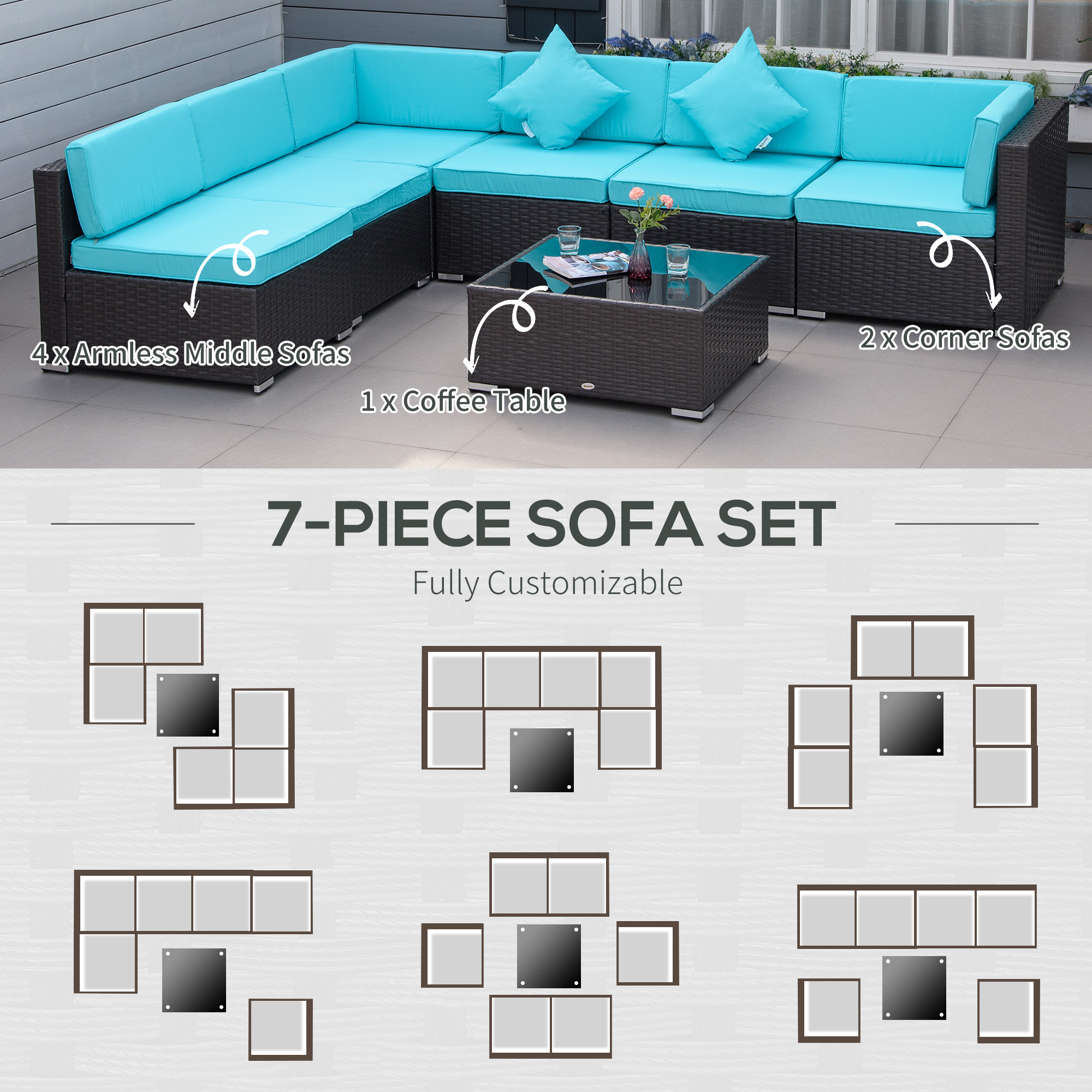  7-Piece Patio Furniture Set, Outdoor Wicker Conversation Set, All Weather PE Rattan Sectional Sofa Set with Cushions and Tempered Glass Top Coffee Table, Pillows, Turquoise