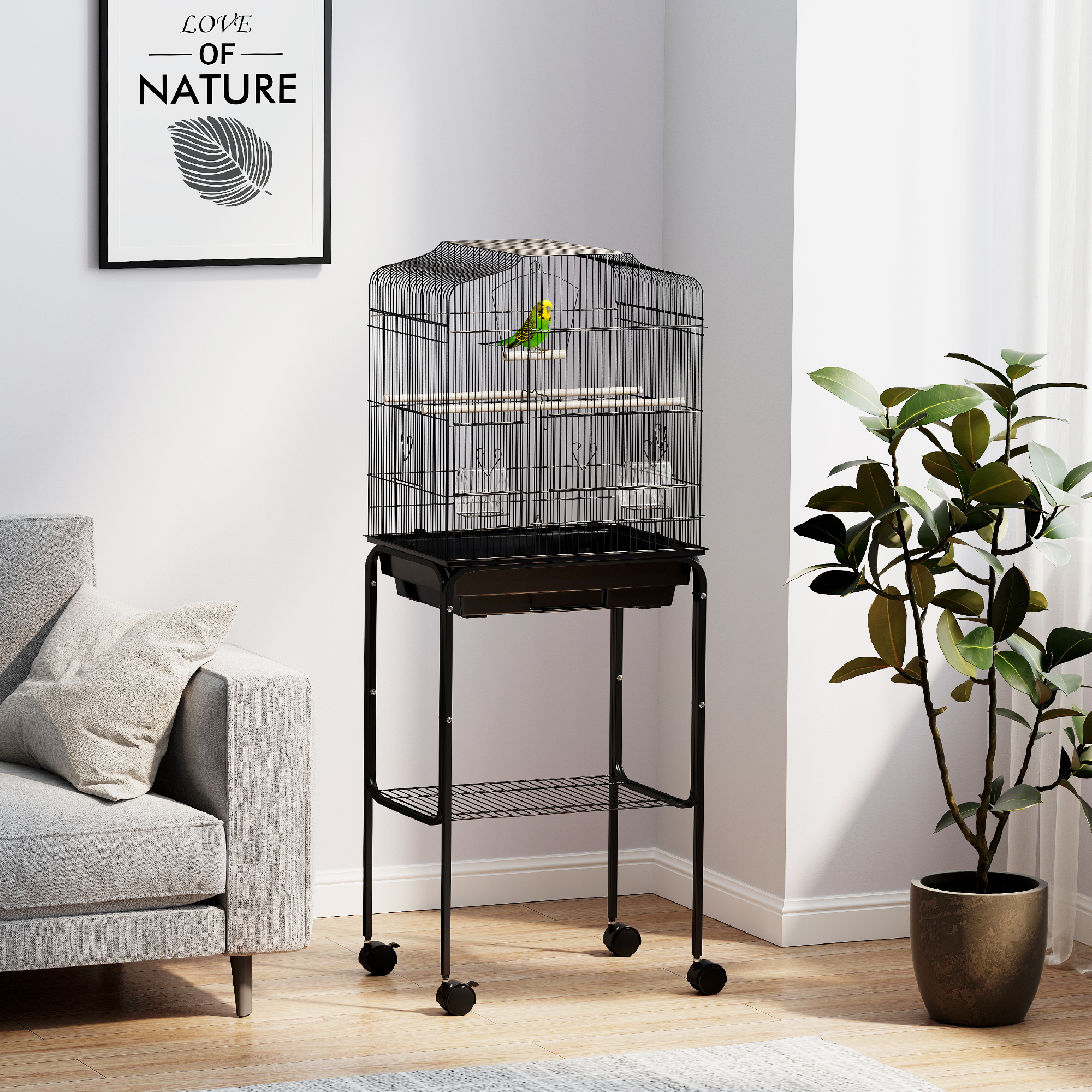 PawHut Bird Cage Budgie Cages For Finch Canary Parakeet With Stand Wheels Slide-out Tray Accessories Storage Shelf, Black