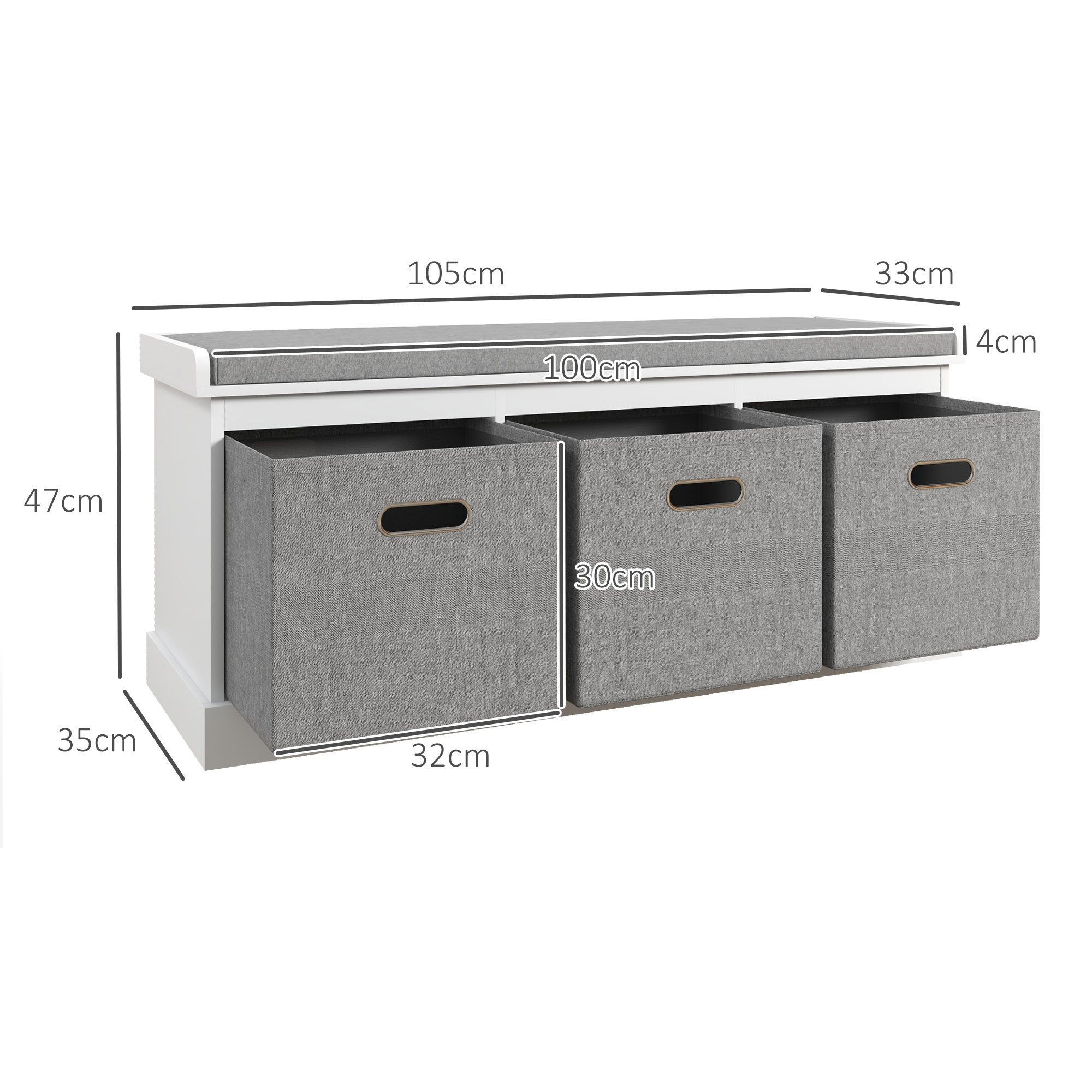 Three-Drawer Shoe Storage Bench, With Padded Top Seat - White — image 3
