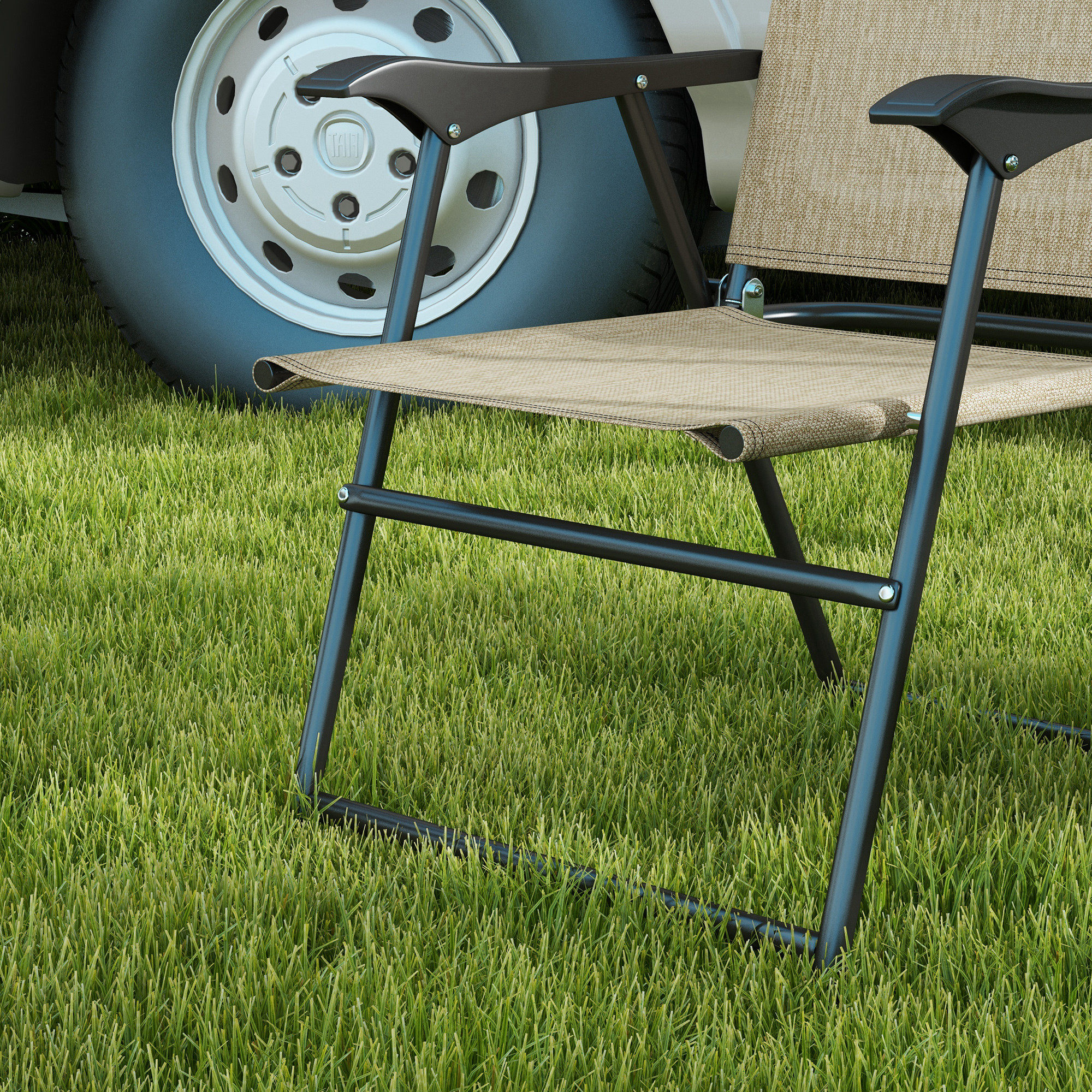 4 Piece Folding Patio Camping Chair Set, Sports Chairs for Adults with Armrests, Mesh Fabric Seat for Lawn, Beige