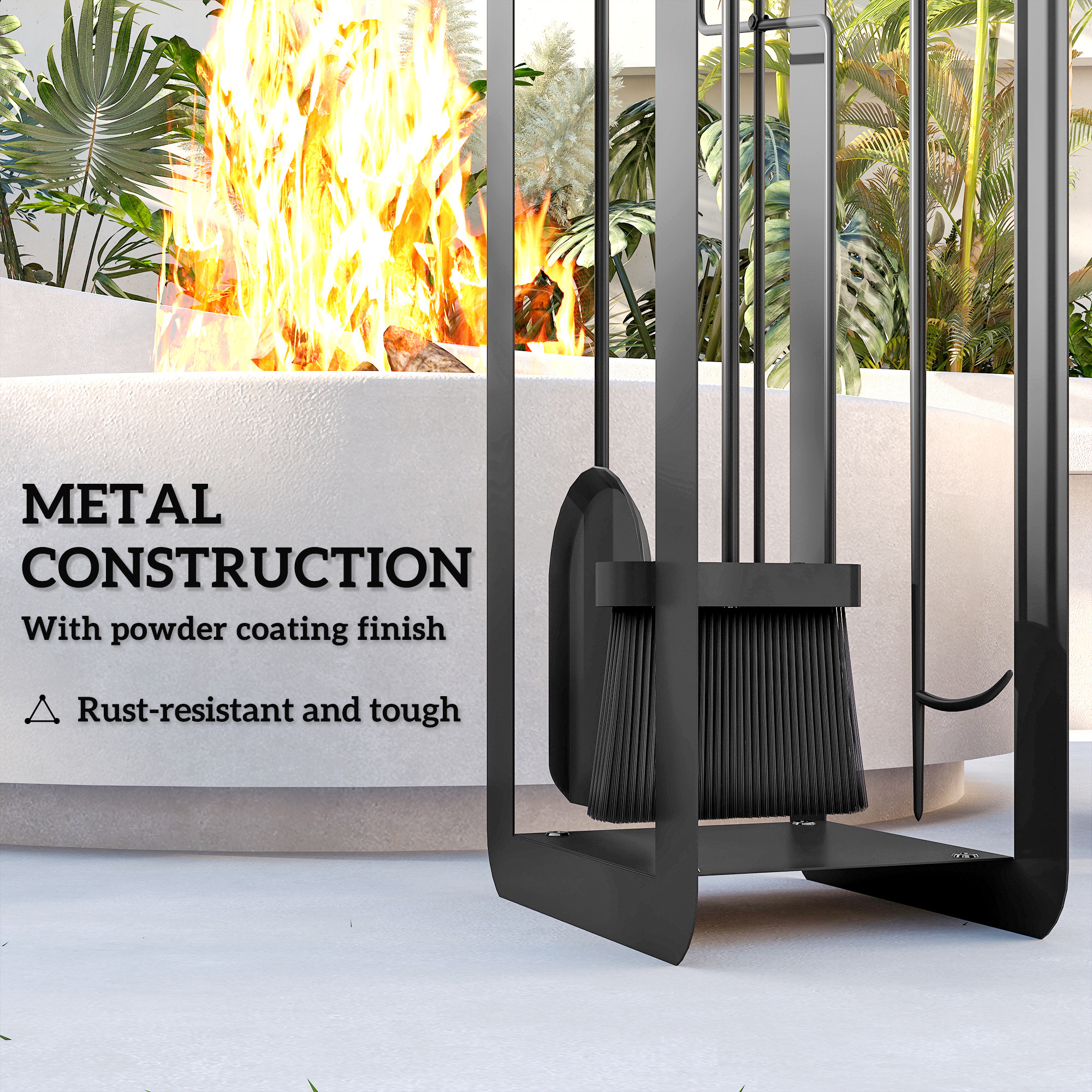 5 Pieces Fireplace Companion Set, Metal Fireplace Accessories Fireside Companion Set With Brush, Shovel, Poker, A Pair Of Tongs, Stand, Black