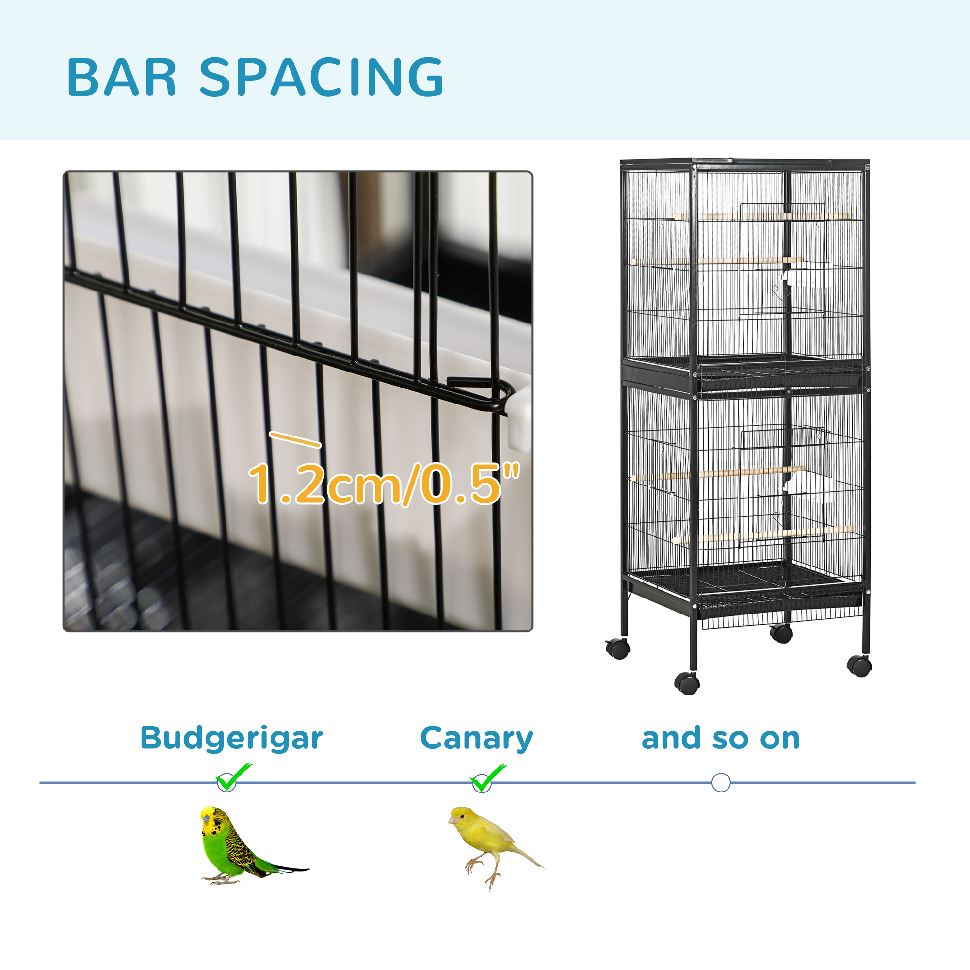  55" 2 In 1 Bird Cage Aviary Parakeet House for finches, budgies with Wheels, Black