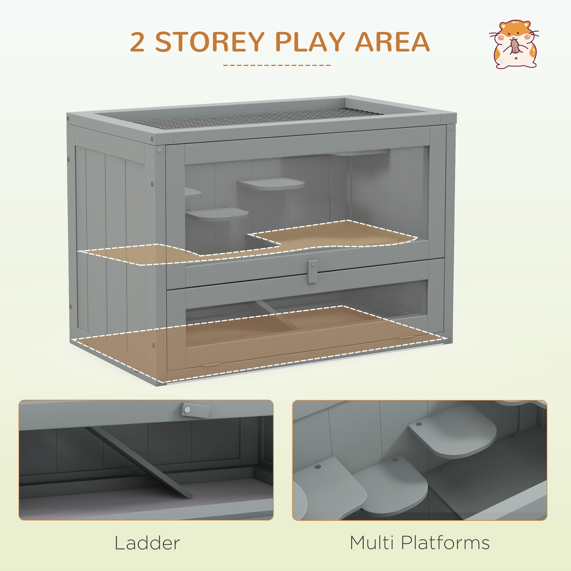PawHut Wooden Hamster Cage Mouse Mice Rodent Small Animals Hutch Exercise Play House 60 X 35 X 42cm, Grey 5