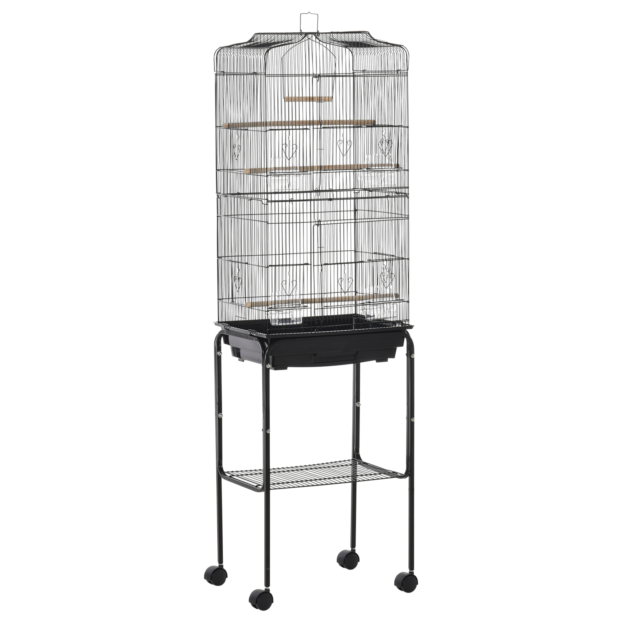 PawHut Bird Cage Budgie Cages For Finch Canary Parakeet With Stand Wheels Slide-out Tray Accessories Storage Shelf, Black 46.5 X 36 X 157 Cm - Image 1