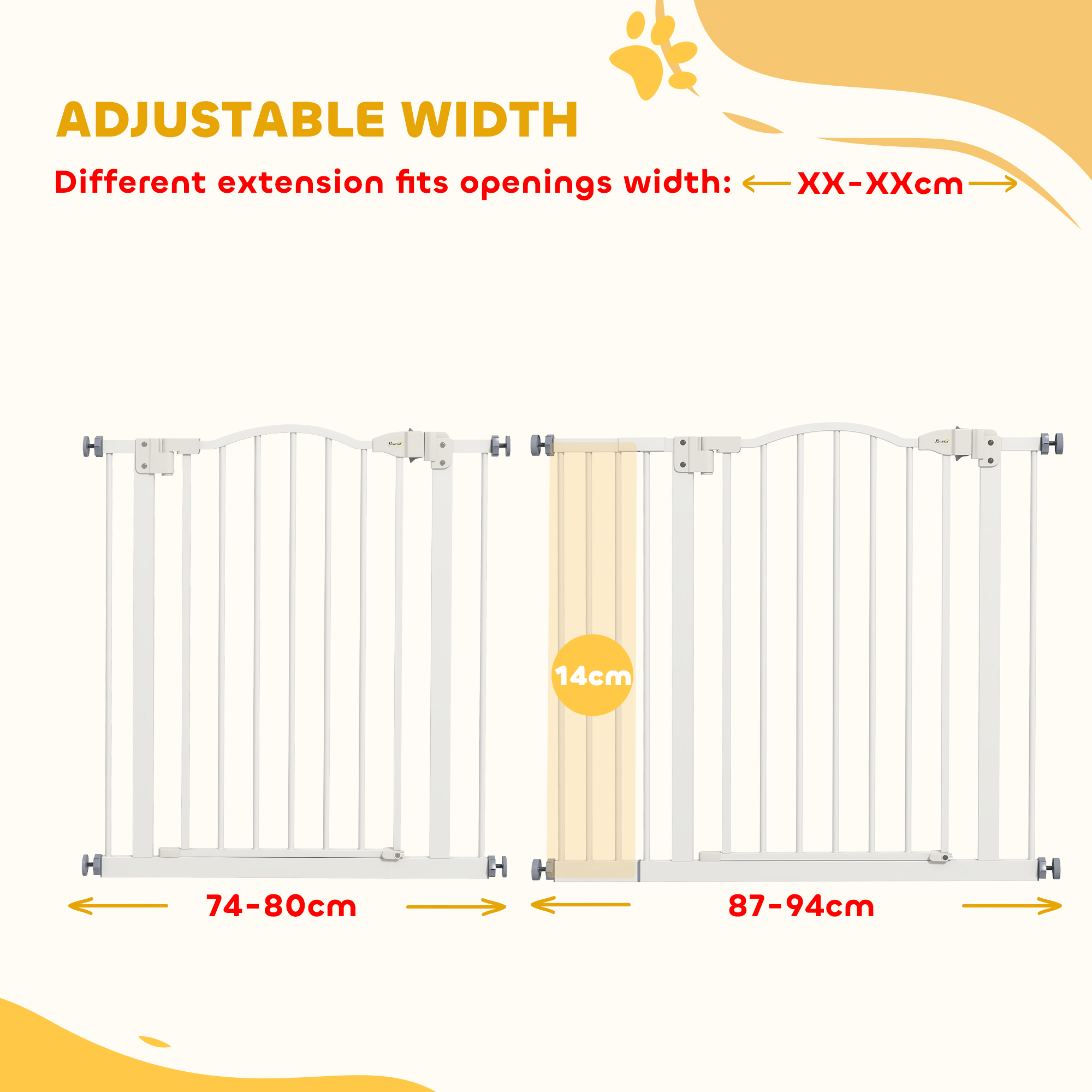 PawHut Metal 74-94cm Adjustable Pet Gate Safety Barrier W/ Auto-Close Door White