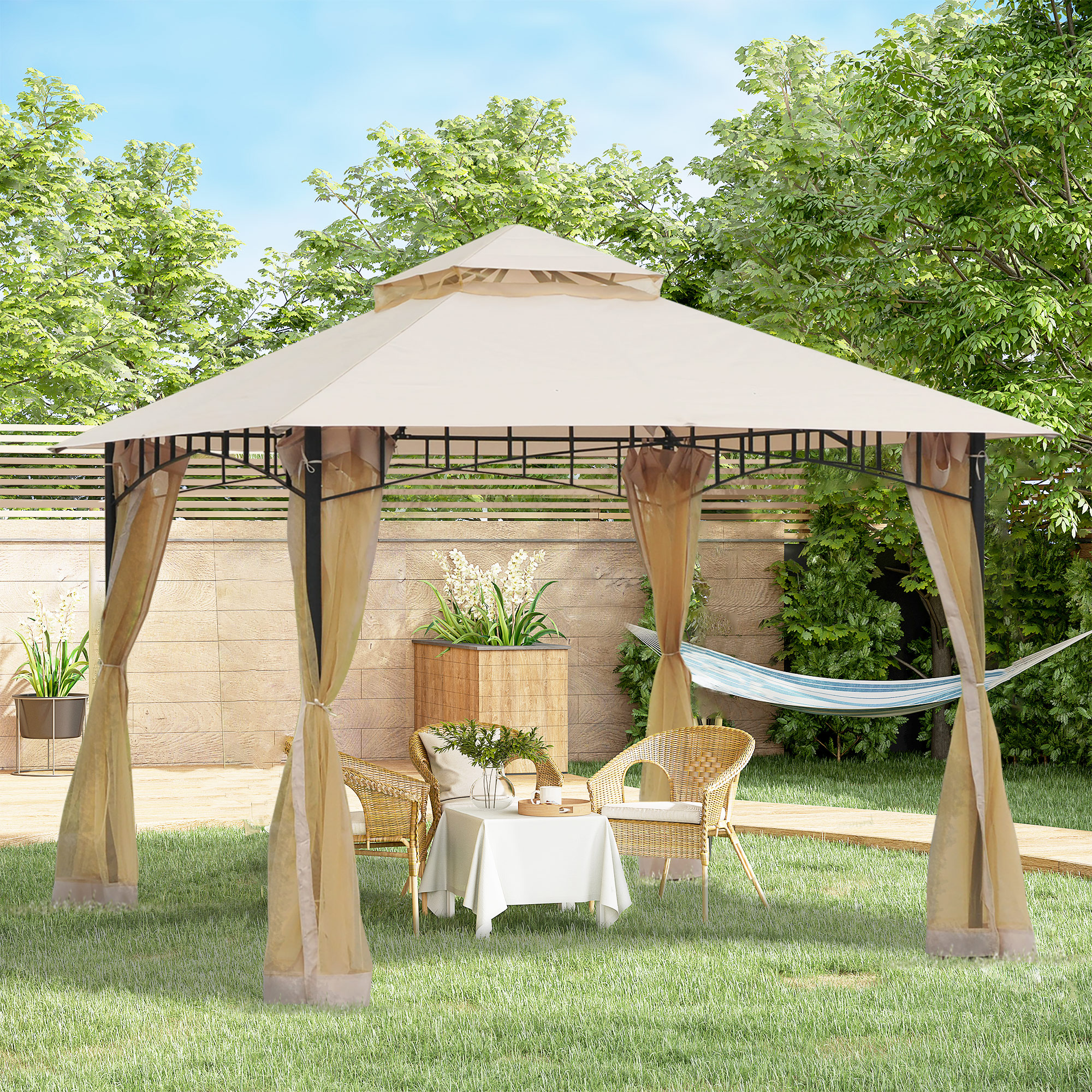 10 x 10 Outdoor Patio Gazebo Canopy Tent with Mesh Sidewalls, 2-Tier Canopy for Backyard, Beige