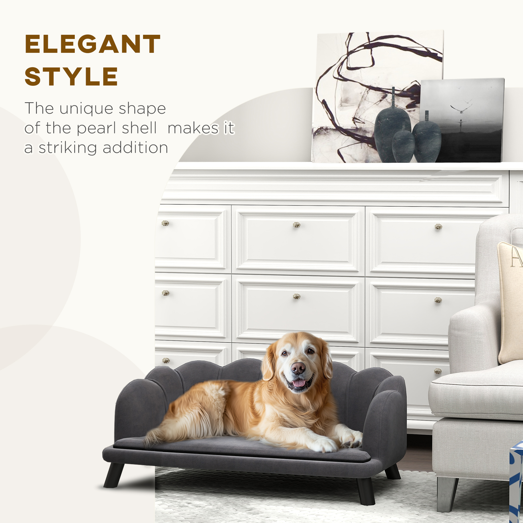  Pearl Design Pet Sofa for Medium and Large Sized Dogs, Pet Bed with Cushion and Solid Wood Legs, Charcoal Gray