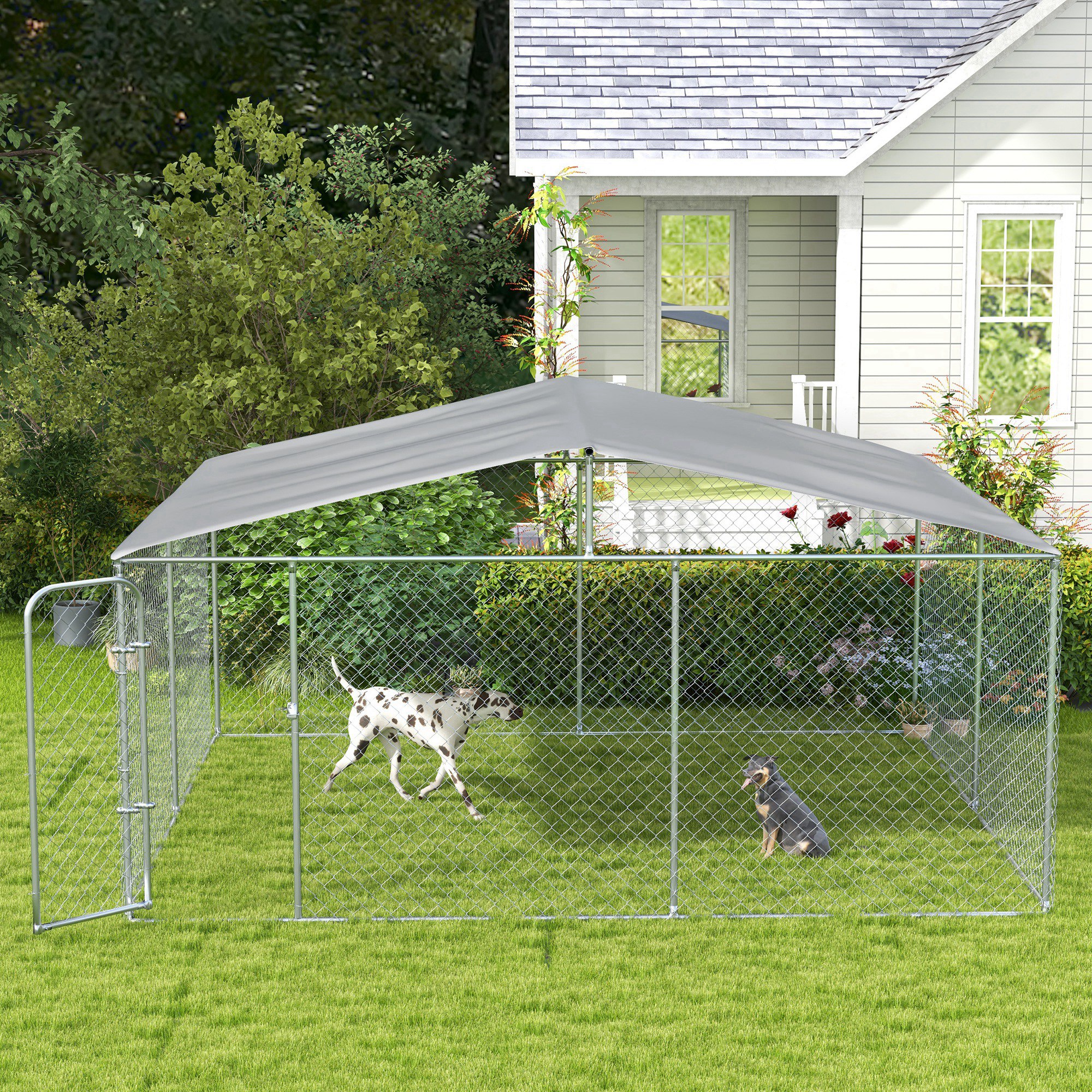  15x15 Dog Kennel with Cover, Secure Outdoor Dog Fence, Galvanized Steel Frame for Backyard, Green