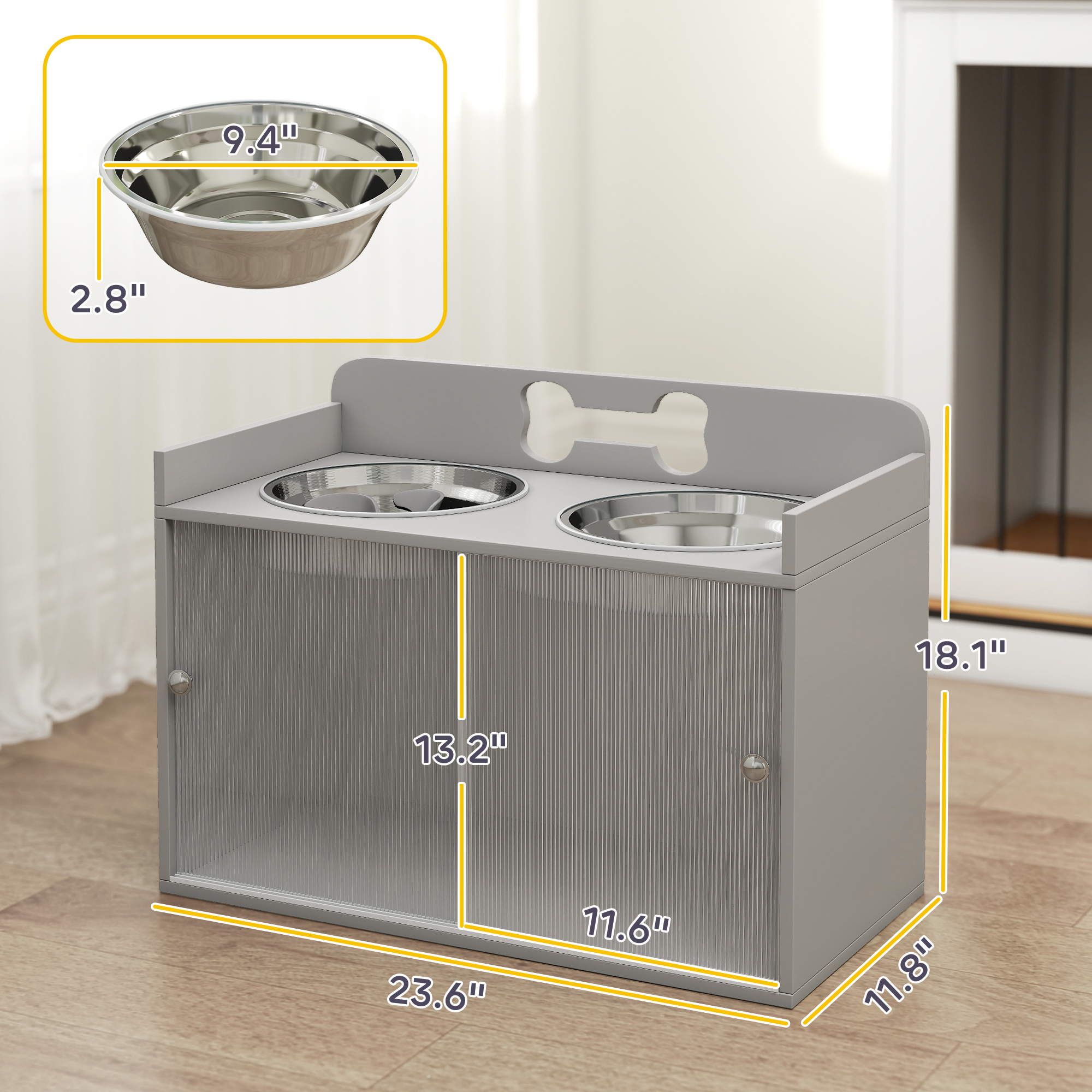  Elevated Dog Bowls with Storage, Raised Dog Bowl Stand with 2 Stainless Steel Bowl for Large Dogs, Gray