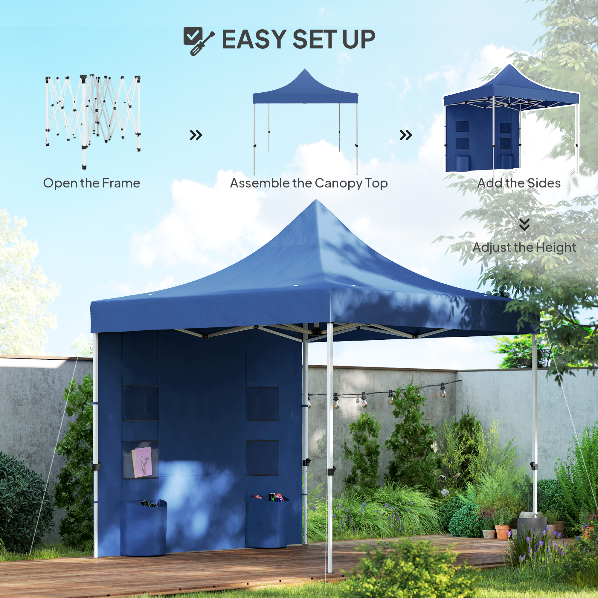 10' x 10' Heavy Duty Pop Up Canopy Tent with Sidewall, UPF50+ Instant Sun Shelter with Storage Pockets, Dark Blue - Image 5