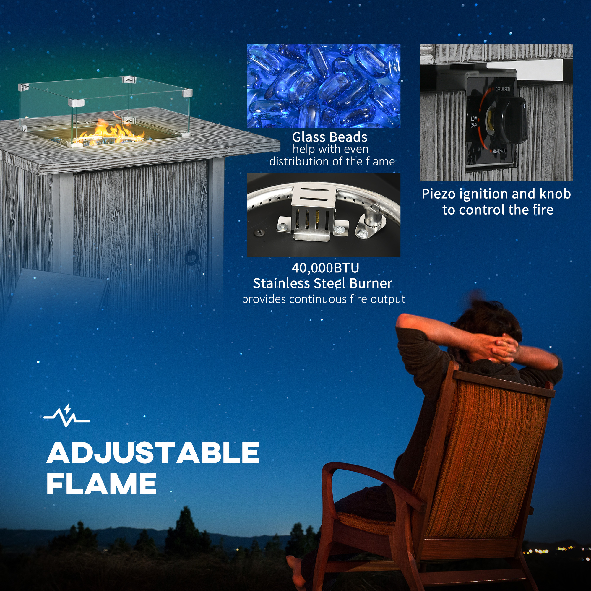 50,000 BTU Gas Fire Pit Table With Cover And Glass Screen - Grey — image 2
