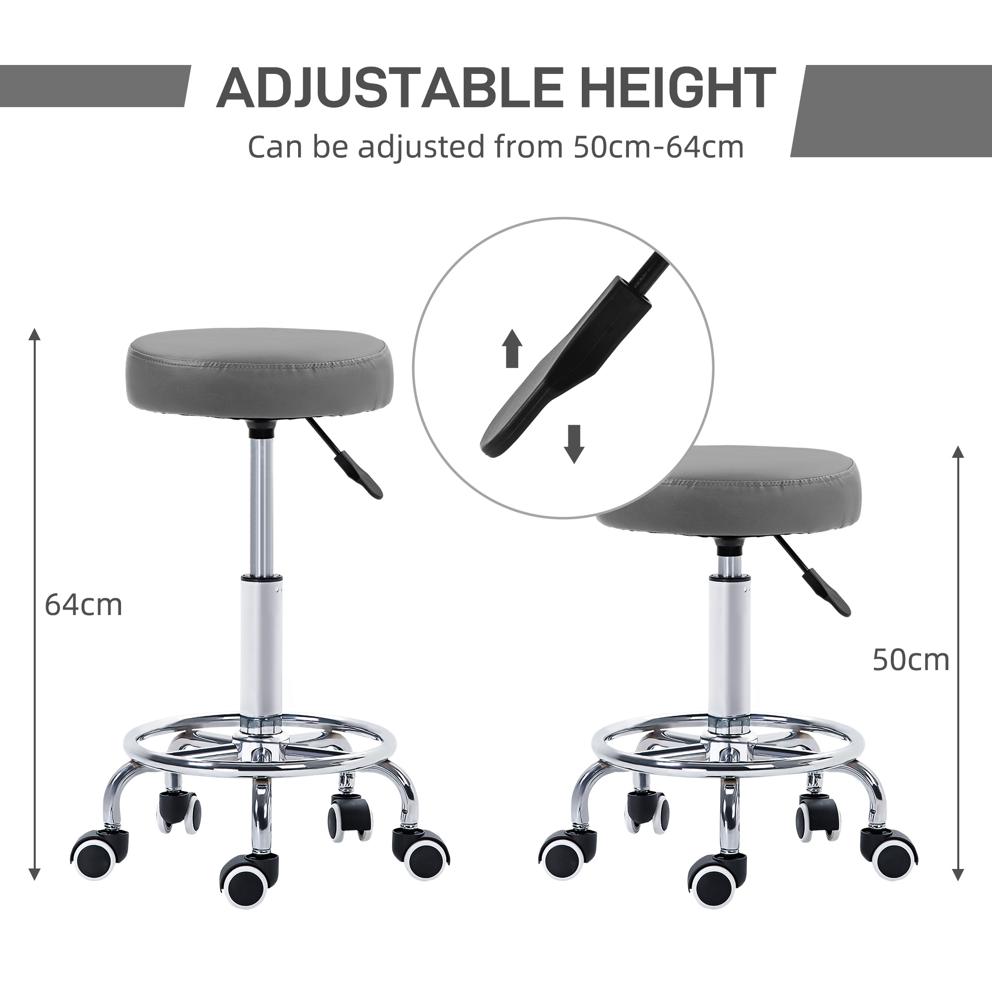 Vinsetto PU Leather Rolling Stool, Height Adjustable Chair With Wheels — image 2