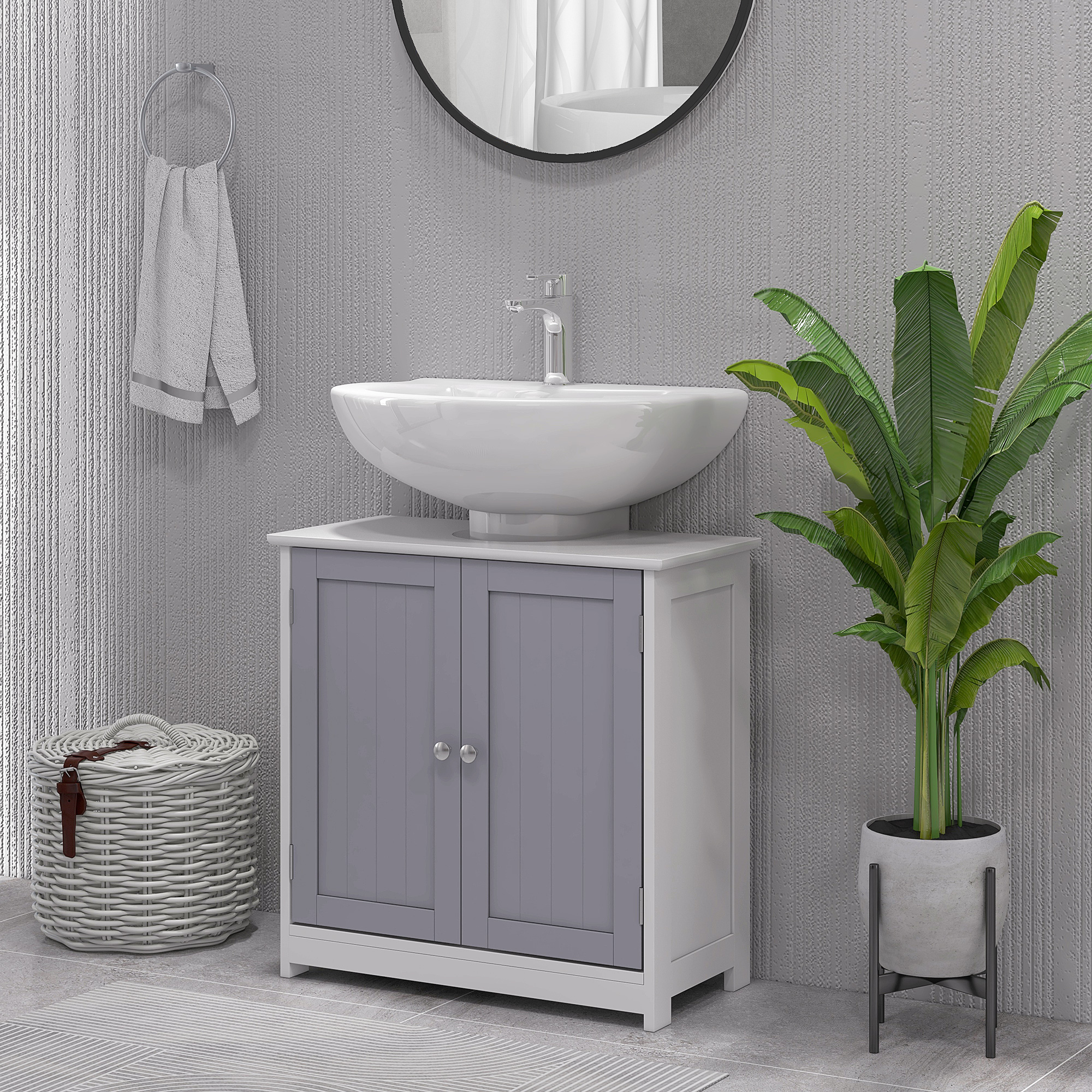  Bathroom Vanities, Bathroom Sink Cabinets with U-Shape Cut-Out and Adjustable Internal Shelf, White and Gray
