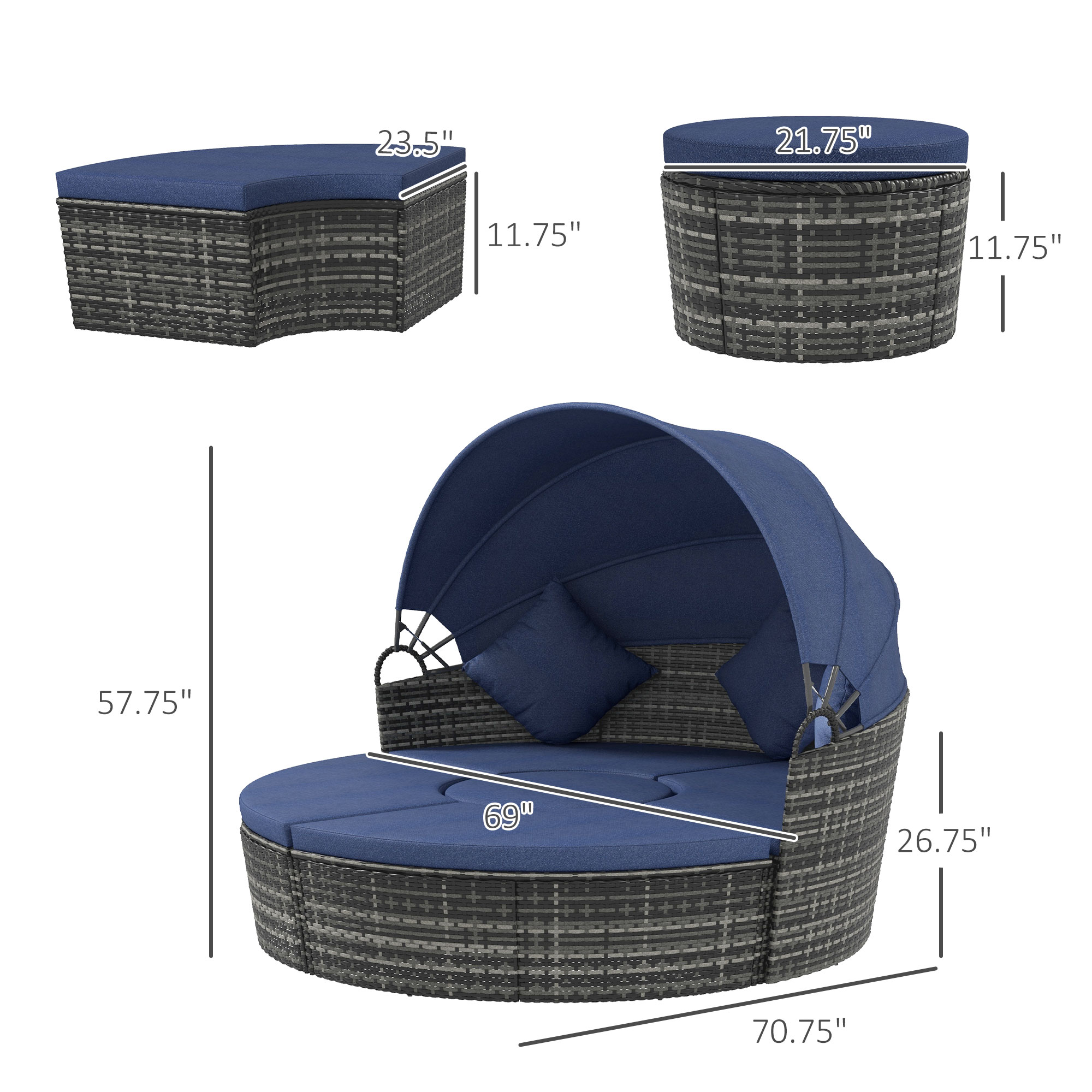 4-piece Cushioned Outdoor Rattan Wicker Sunbed or Conversational Sofa Set with Sun Canopy, Dark Blue
