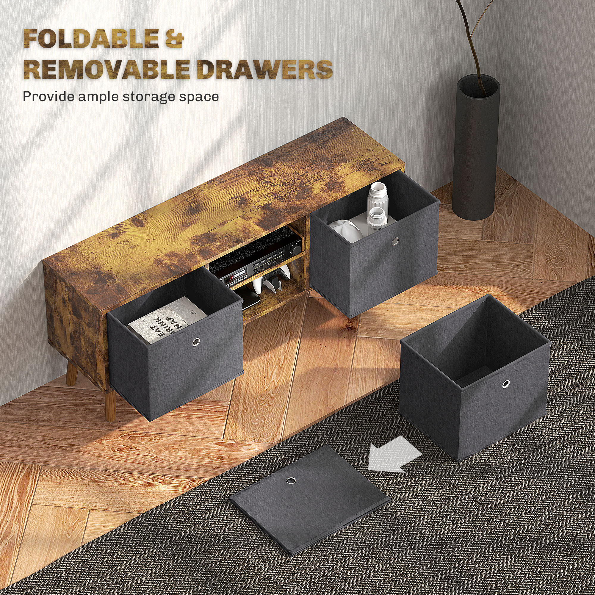 TV Cabinet Stand Unit For TVs Up To 50'' With Foldable Drawers, Entertainment — image 3