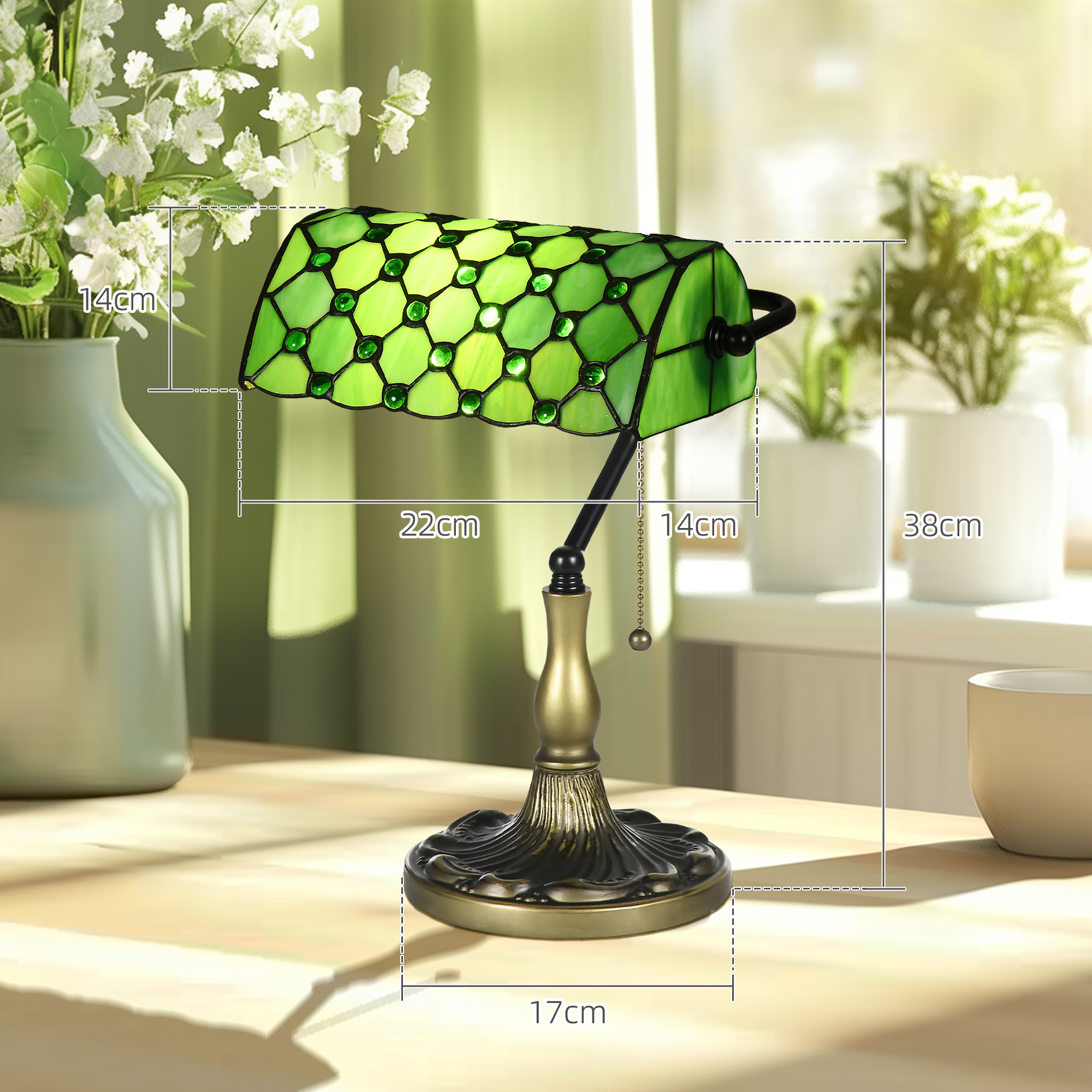 Stained Glass Table Lamp, Vintage With Green Handmade Shade, Metal Base — image 3