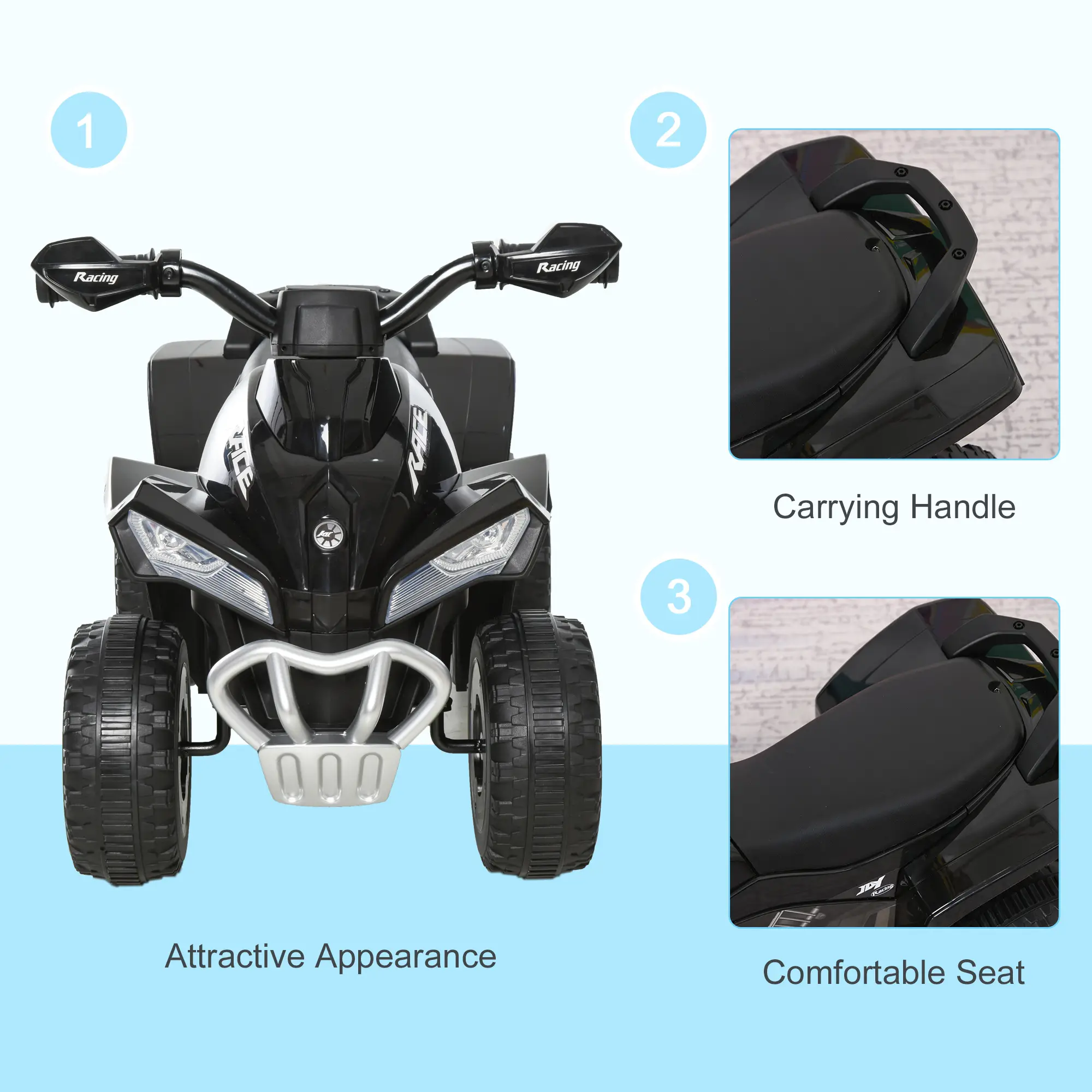 NO Power Kids Ride On Push Car, Ride Racer, Foot-to-floor Sliding Car, Walking ATV Toy with Music, Lights, for 1.5-3 Years Old, Black