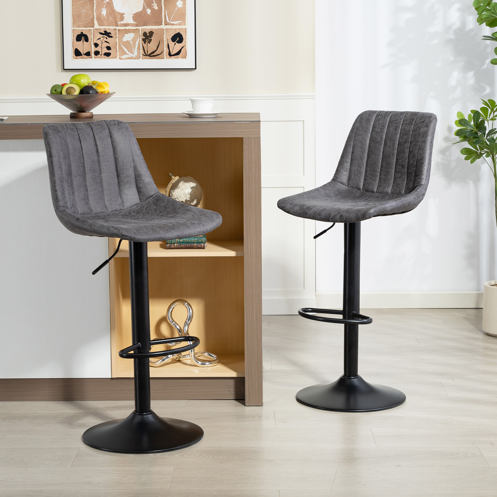 Set Of 2 Leathaire Tub Bar Stools - Charcoal Grey