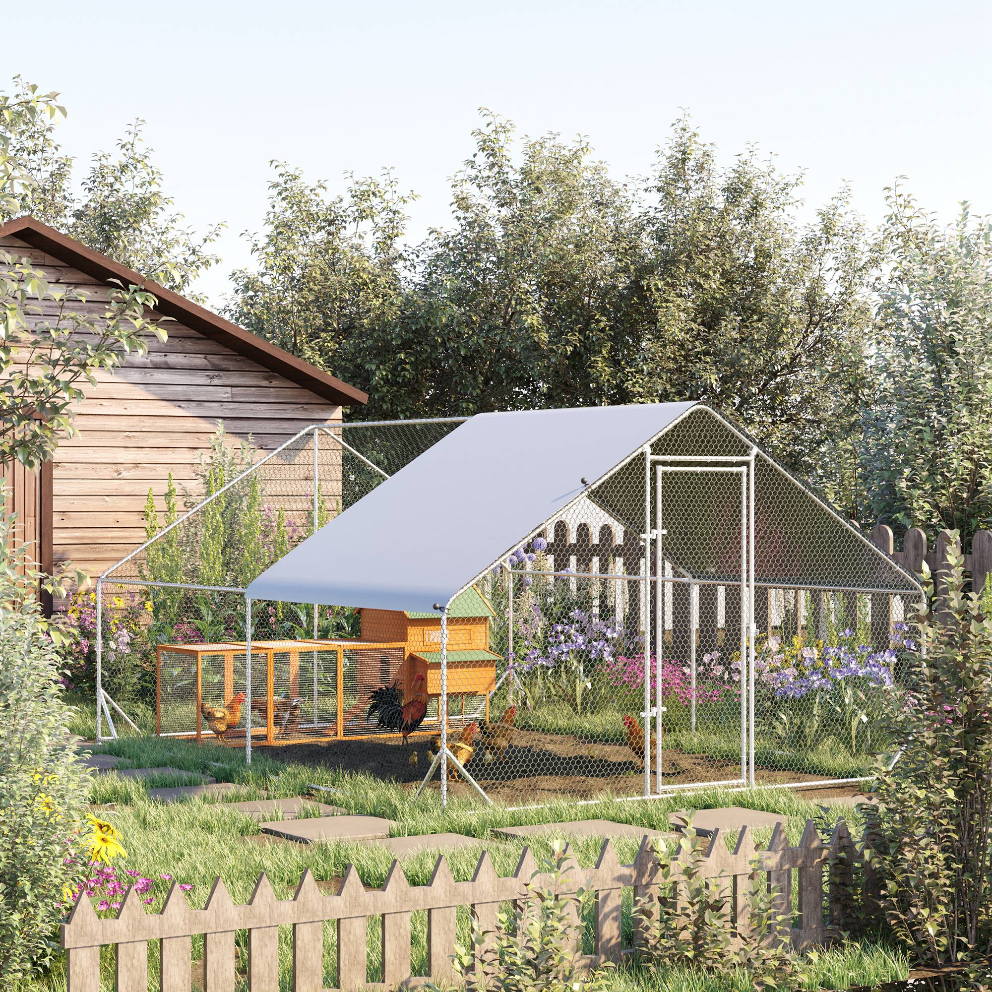 10 x 13 x 6.5 Metal Frame Chicken Run, Outdoor Hen House with Cover & Lockable Door