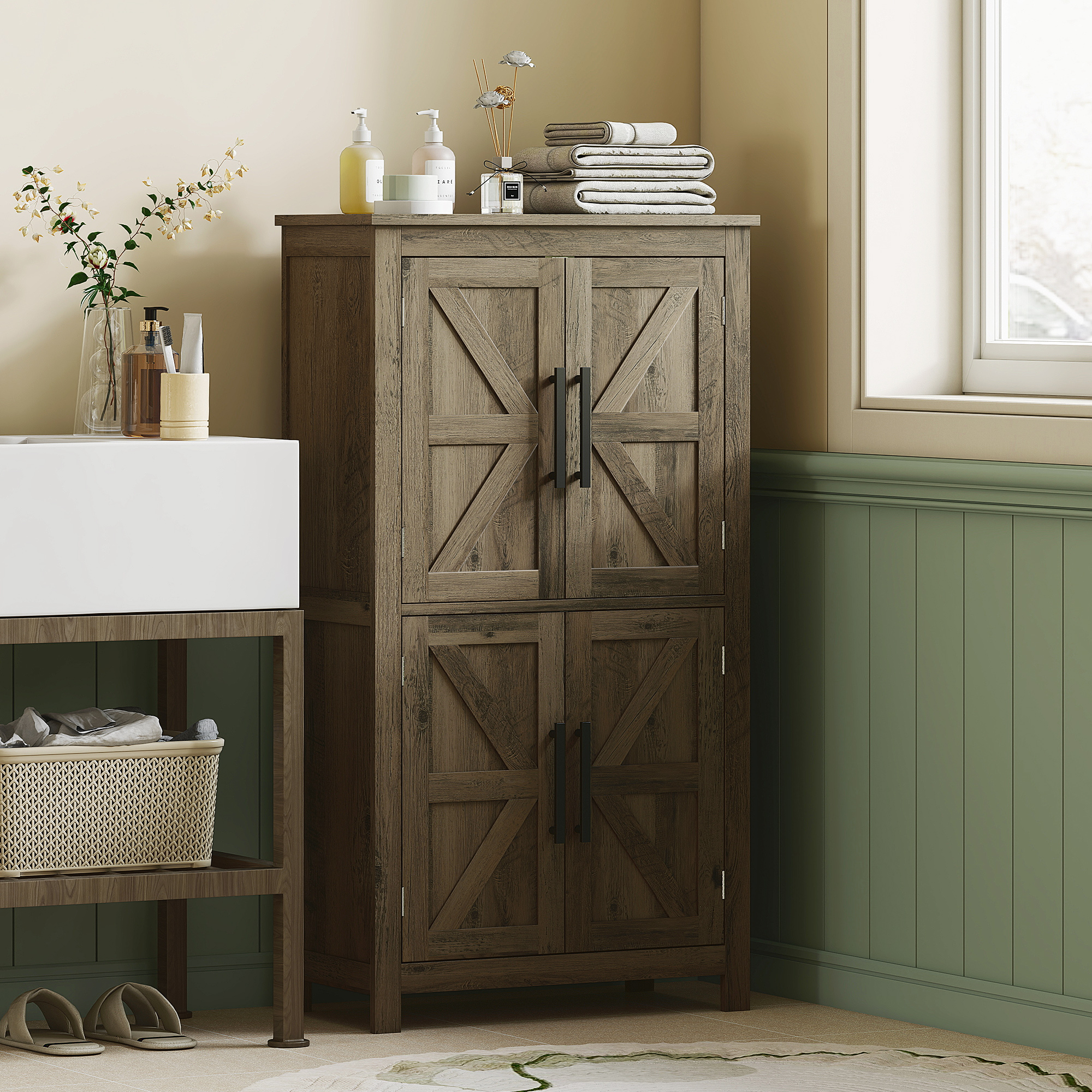  Bathroom Floor Storage Cabinet, Farmhouse Bathroom Cabinet with 4 Doors and Adjustable Shelf, Brown
