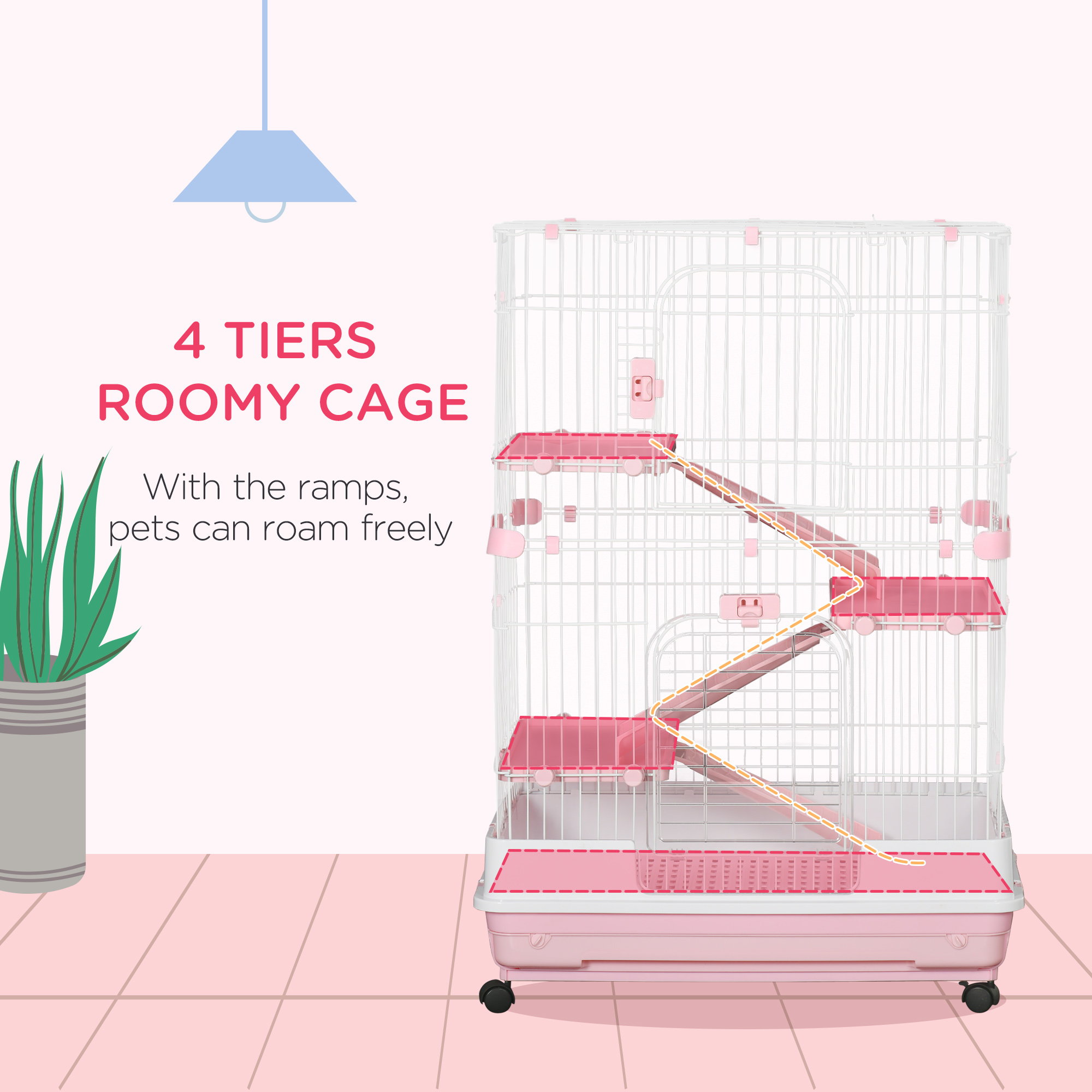  32"L 4-Level Small Animal Cage Rabbit Hutch with Wheels, Slide-out Tray for Bunny, Chinchillas, Ferret, Pink