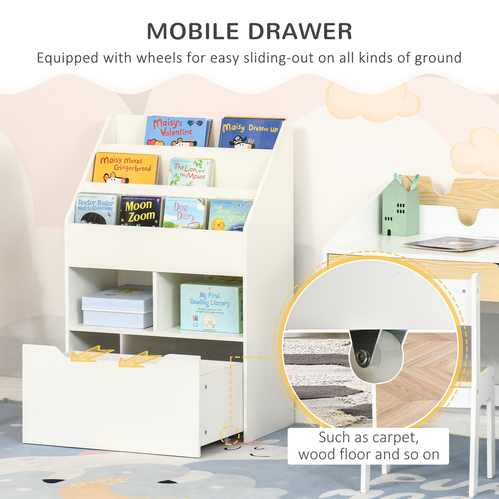 Kids Bookcase Multi-Shelf Book Rack with Mobile Drawer for B view 3