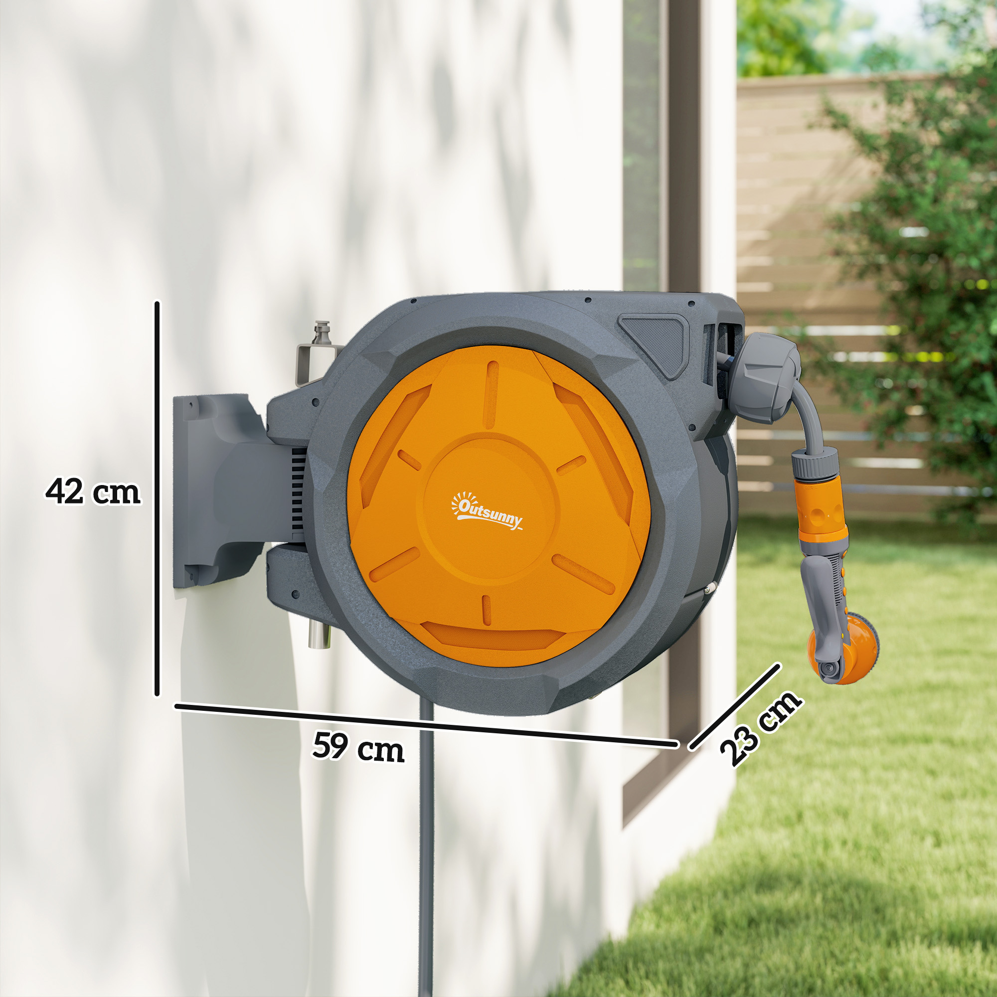 Retractable Hose Reel Wall Mounted, 30+2m Garden Hose Pipe Reel With Lock, Auto Rewind, 7 In 1 Spray Nozzle, Includes Wall Fixings, 180 Swivel, Outdoor Watering, 59 X 23 X 42 Cm, Orange