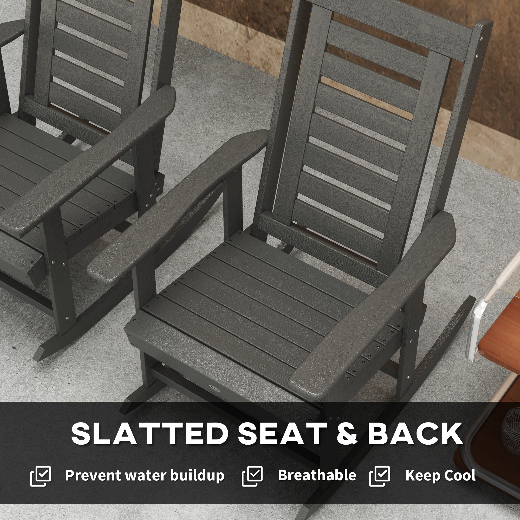 2 Pieces Outdoor Rocking Chairs, HDPE Patio Rockers with 28″ High Back, Wide Armrests for Porch Backyard, Dark Gray